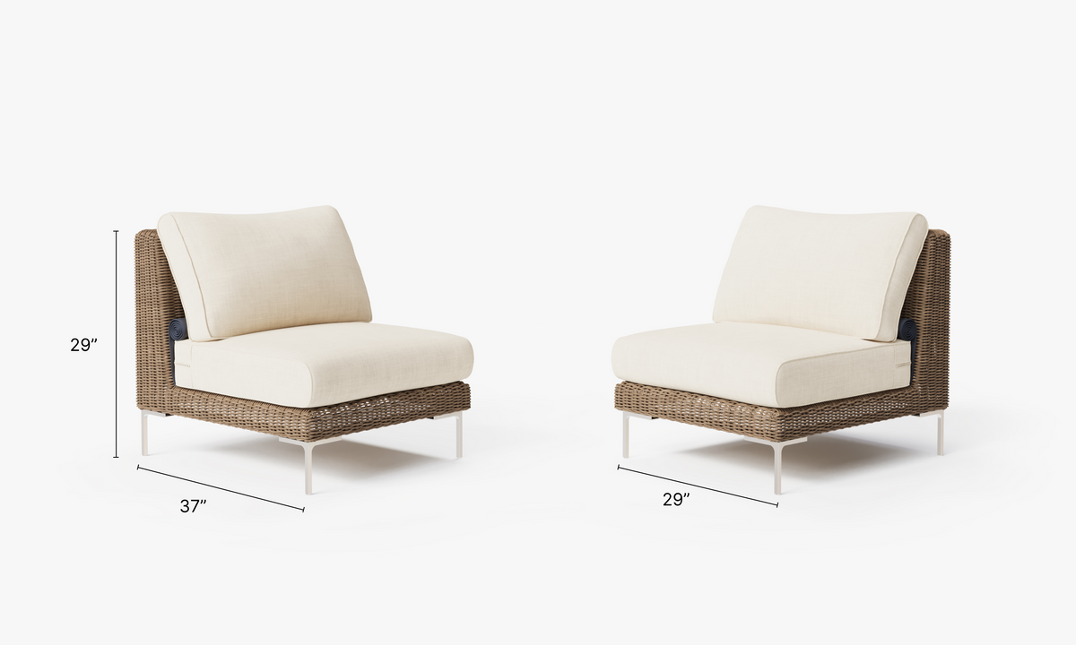 Brown Wicker Outdoor Armless Chair Conversation Set dimensions in inches, also listed under Dimensions and Weights. #color_palisades cream