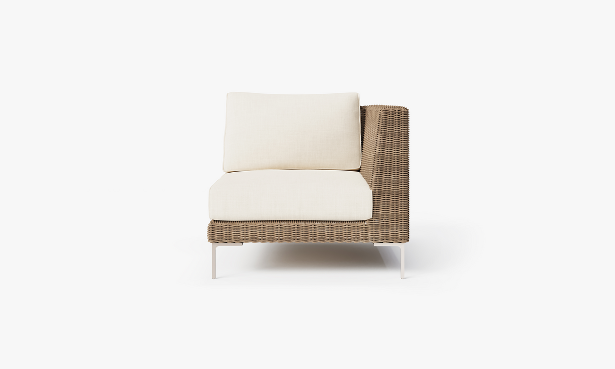 Brown Wicker Outdoor Corner Chair - Left/Right, front. Comfortable, durable, and weather resistant outdoor seating with memory foam. #color_palisades cream