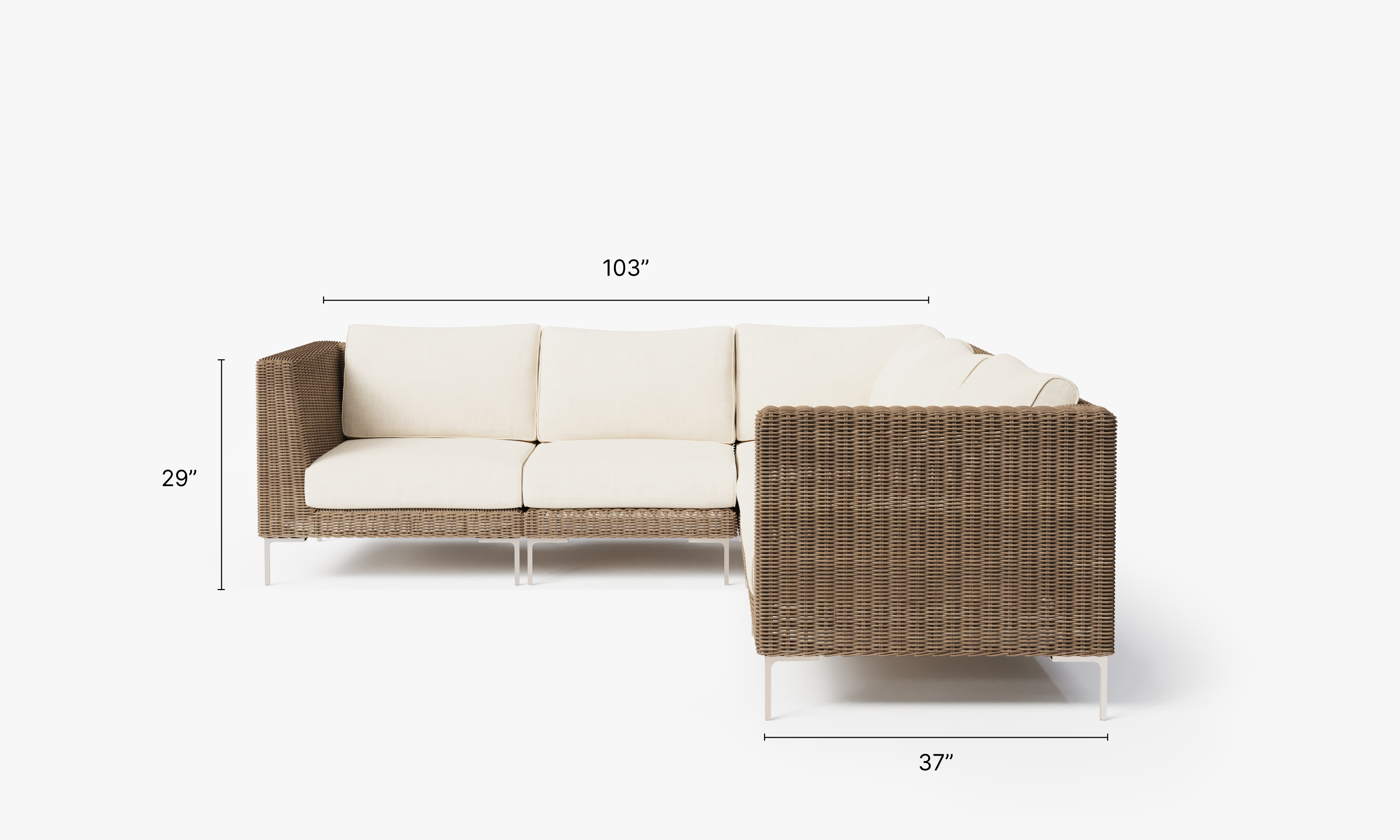 Brown Wicker Outdoor Corner Sectional - 5 Seat dimensions in inches, also listed under Dimensions and Weights. #color_palisades cream