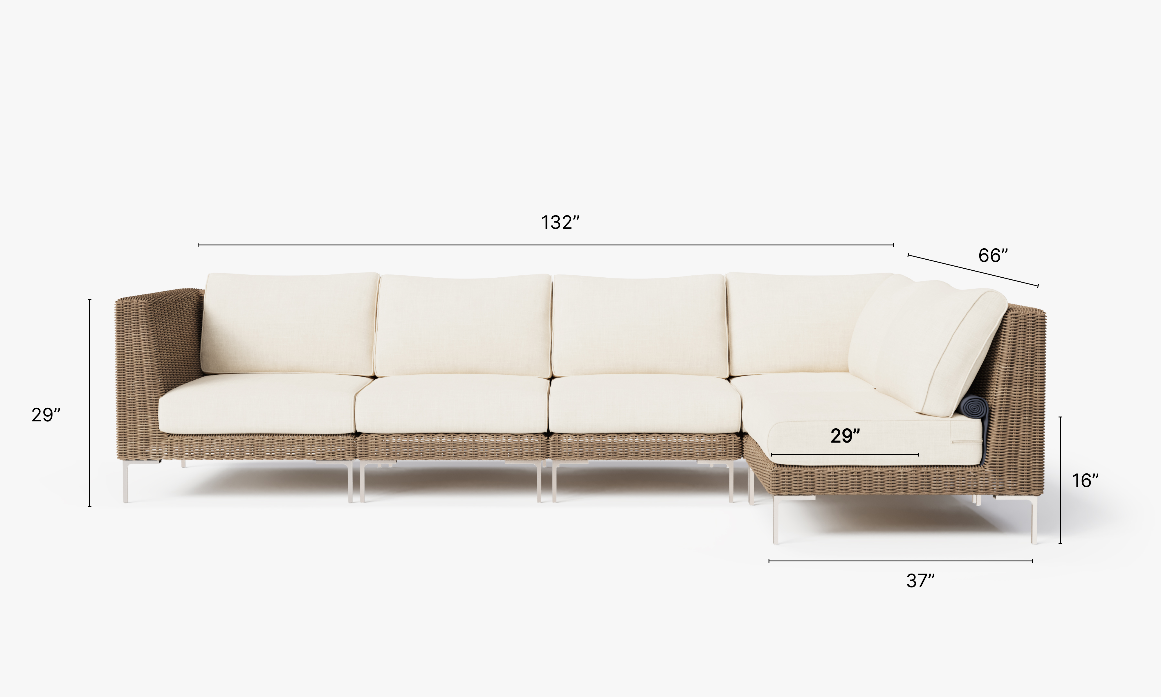 Brown Wicker Outdoor L Sectional - 5 Seat dimensions in inches, also listed under Dimensions and Weights. #color_palisades cream