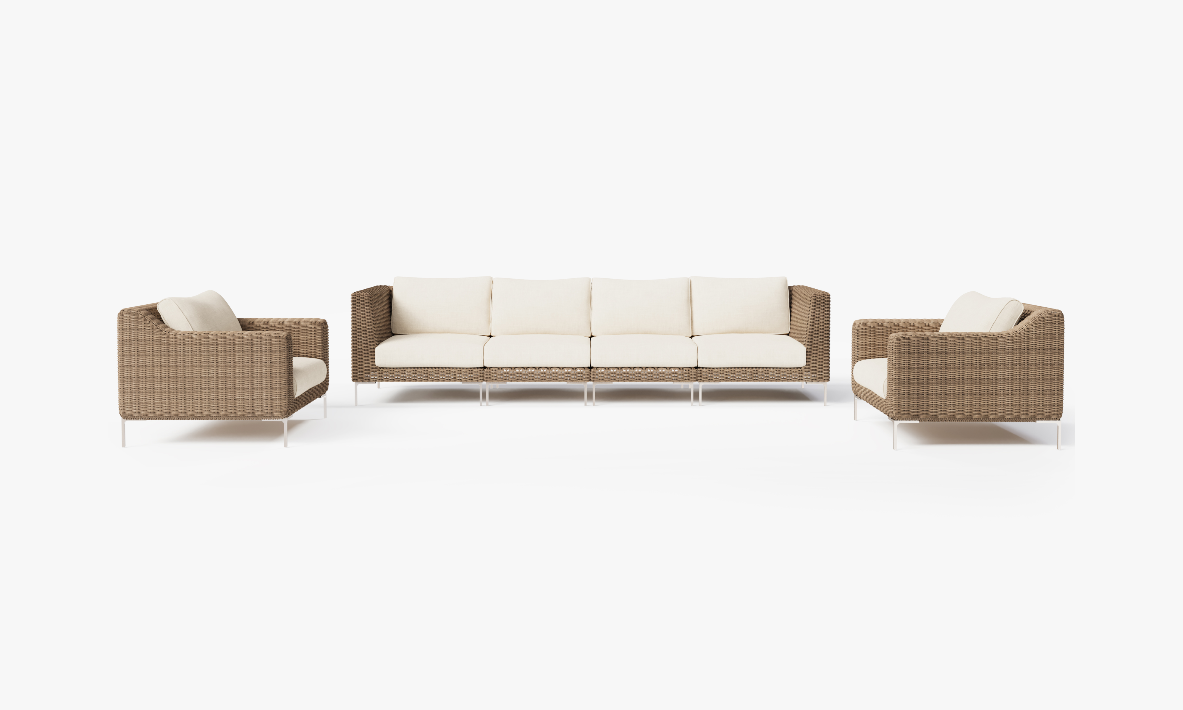 Brown Wicker Outdoor Sofa with Armchairs - 6 Seat, front. Comfortable, durable, and weather resistant outdoor seating with memory foam. #color_palisades cream