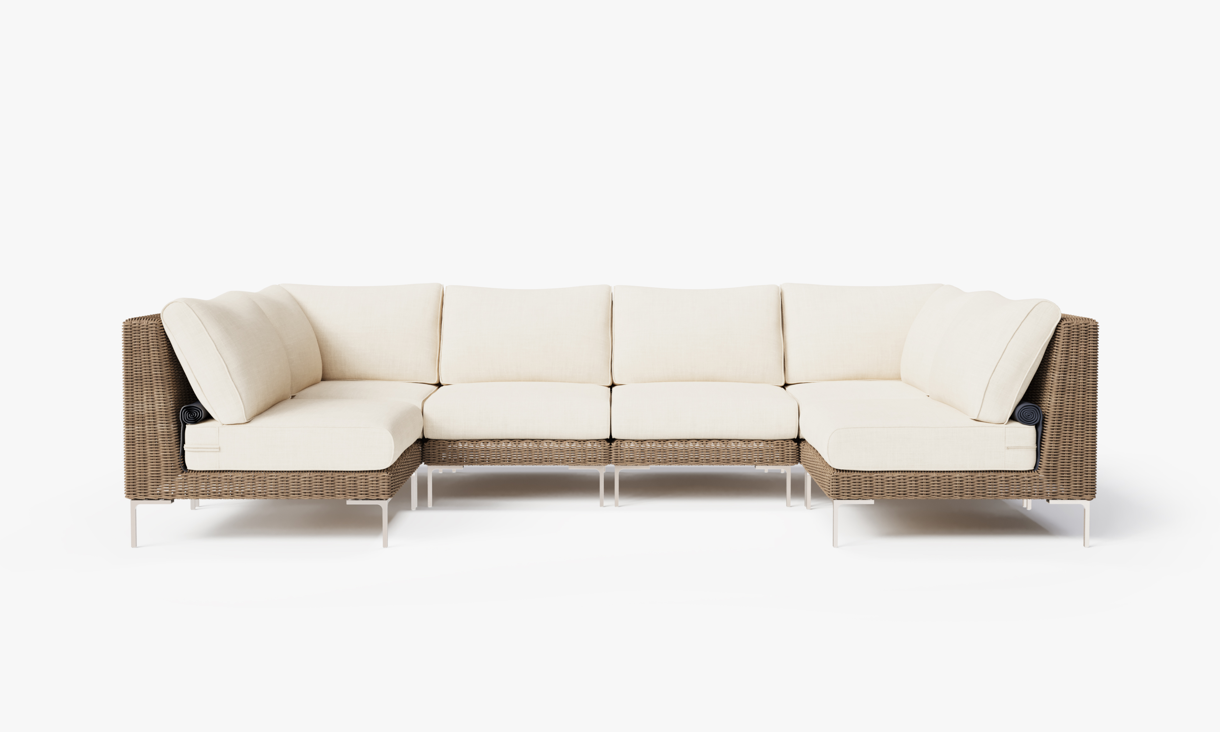 Brown Wicker Outdoor U Sectional - 6 Seat, front. Comfortable, durable, and weather resistant outdoor seating with memory foam. #color_palisades cream