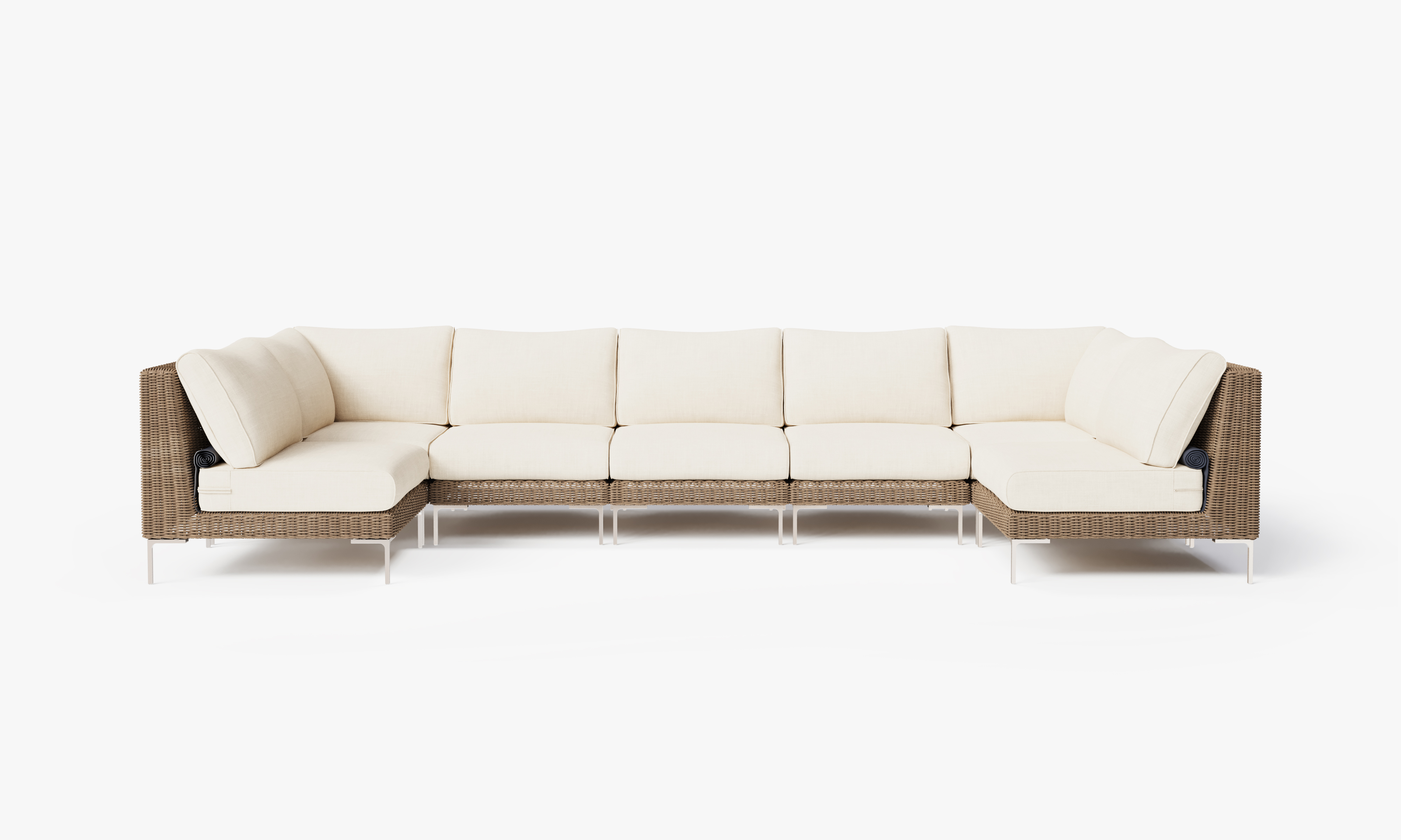 Brown Wicker Outdoor U Sectional - 7 Seat, front. Comfortable, durable, and weather resistant outdoor seating with memory foam. #color_palisades cream