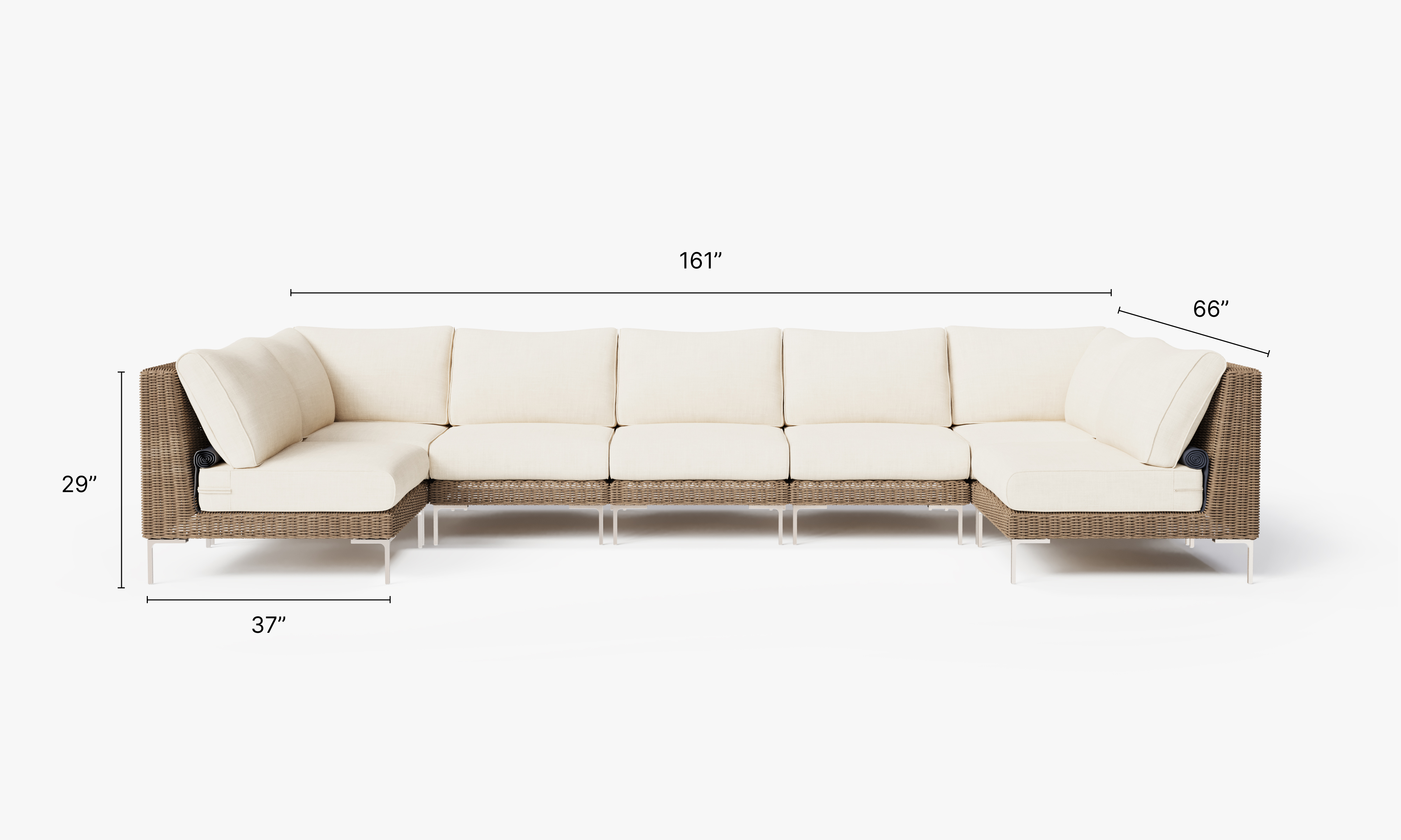 Brown Wicker Outdoor U Sectional - 7 Seat dimensions in inches, also listed under Dimensions and Weights. #color_palisades cream