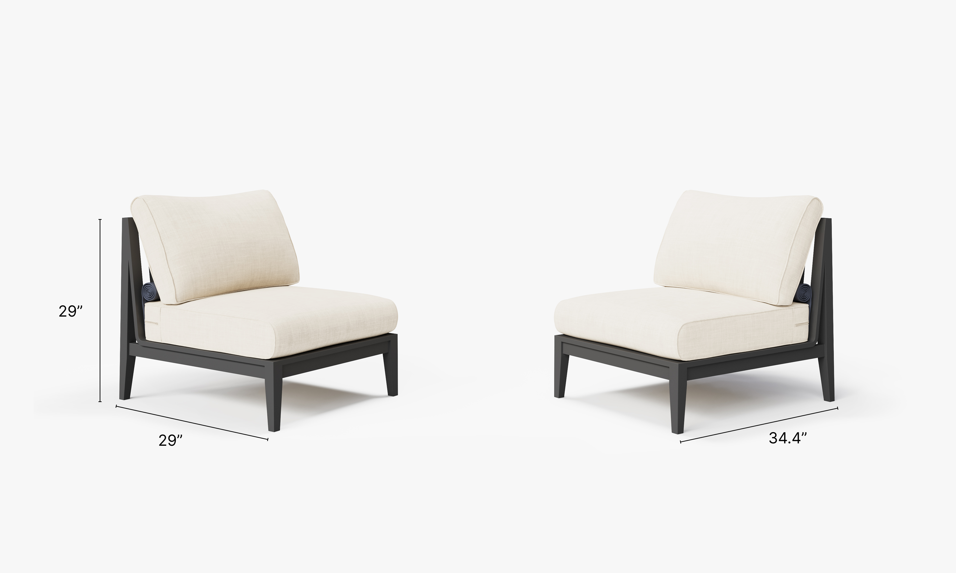 Charcoal Aluminum Outdoor Armless Chair Conversation Set dimensions in inches, also listed under Dimensions and Weights. #color_palisades cream