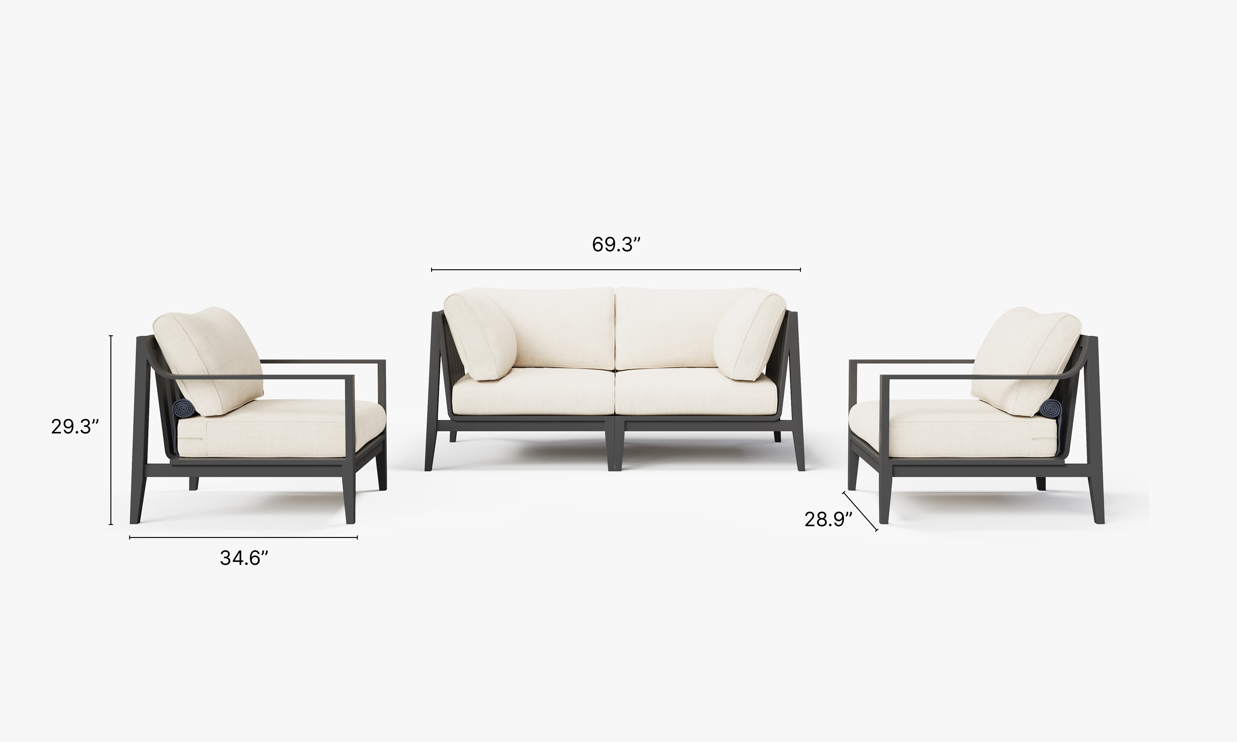 Charcoal Aluminum Outdoor Loveseat with Armchairs - 4 Seat dimensions in inches, also listed under Dimensions and Weights. #color_palisades cream