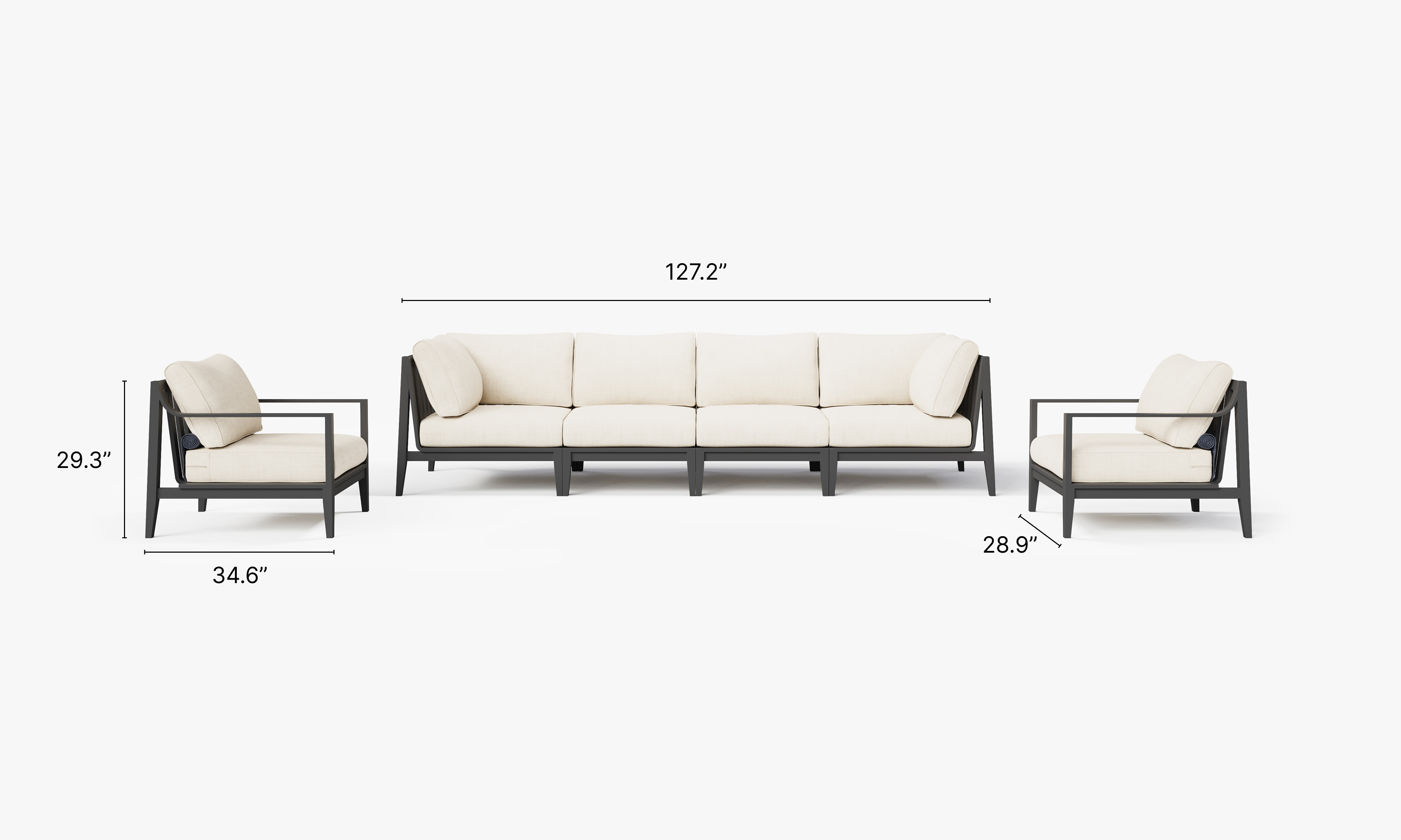 Charcoal Aluminum Outdoor Sofa with Armchairs - 6 Seat dimensions in inches, also listed under Dimensions and Weights. #color_palisades cream
