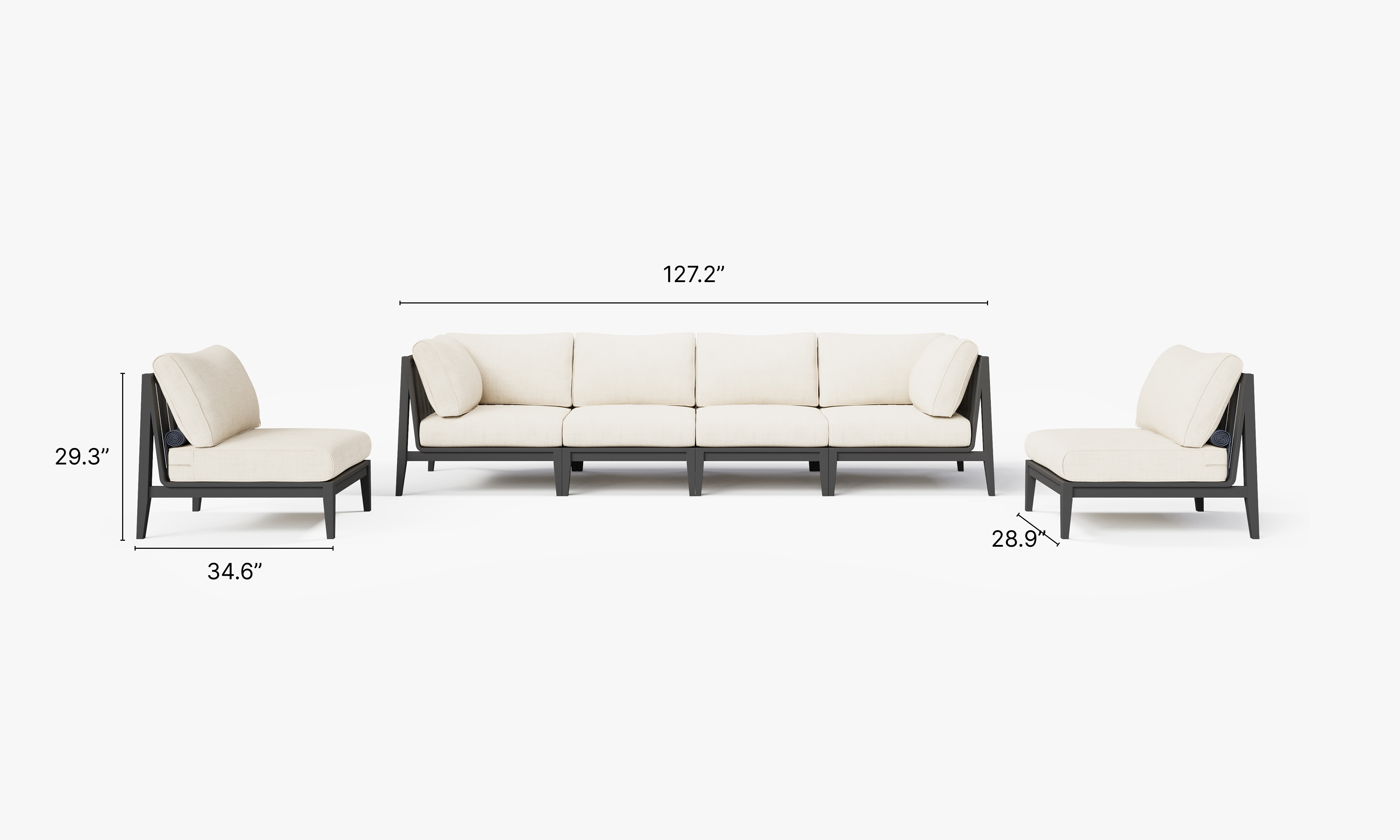 Charcoal Aluminum Outdoor Sofa with Armless Chairs - 6 Seat dimensions in inches, also listed under Dimensions and Weights. #color_palisades cream