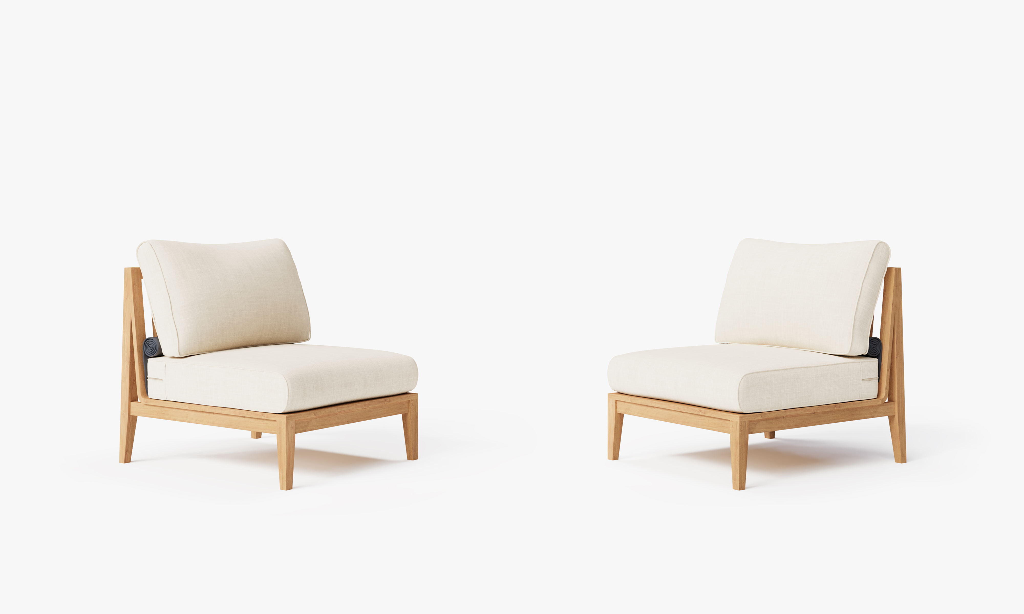 Teak outdoor armless chair and sofa set arranged for conversation, featuring cream cushions and a natural wood finish.-teak outdoor sofa-outer #color_palisades cream