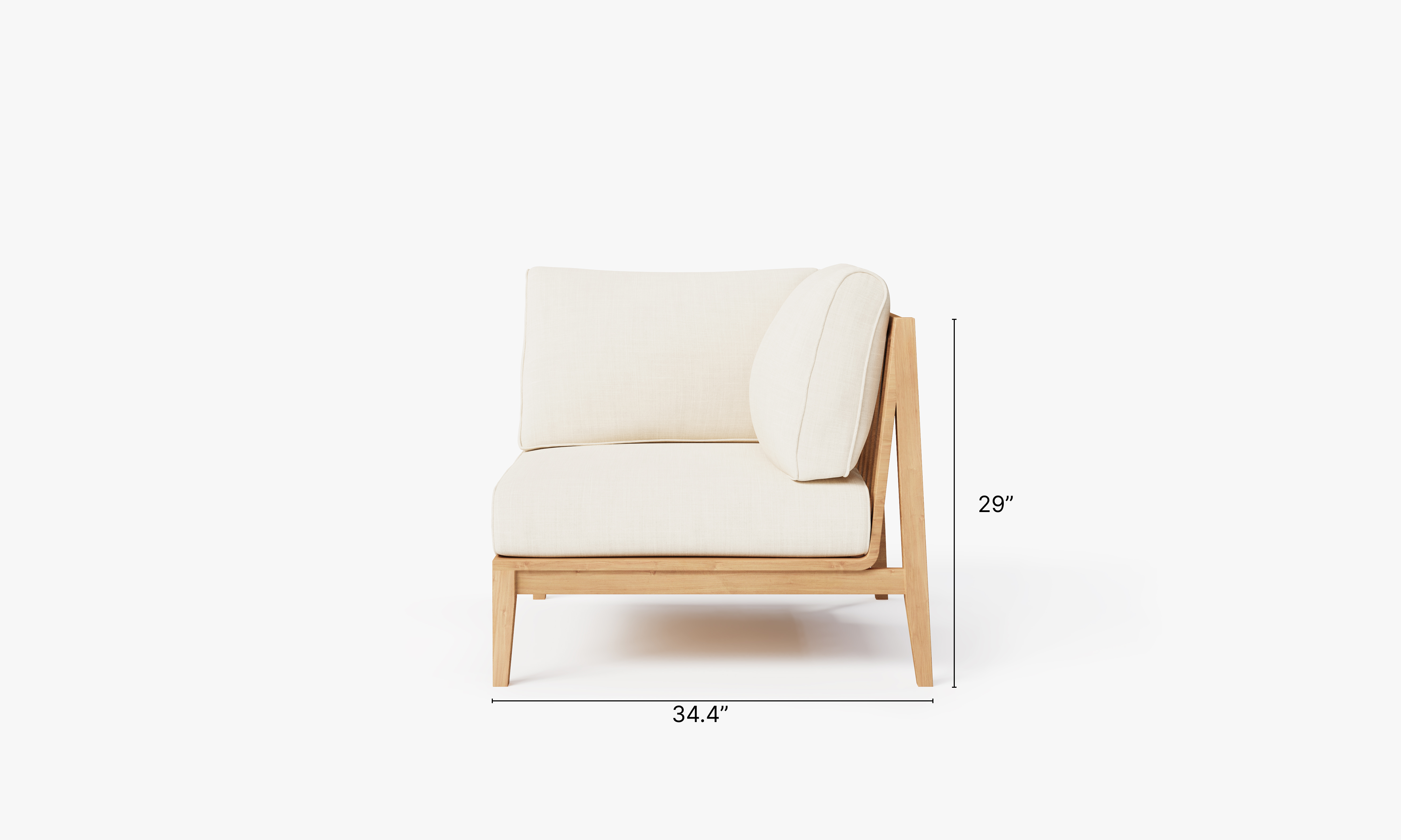 Teak outdoor corner chair positioned on the left, featuring cream cushions and a sturdy wooden frame.-teak outdoor sofa-outer #color_palisades cream
