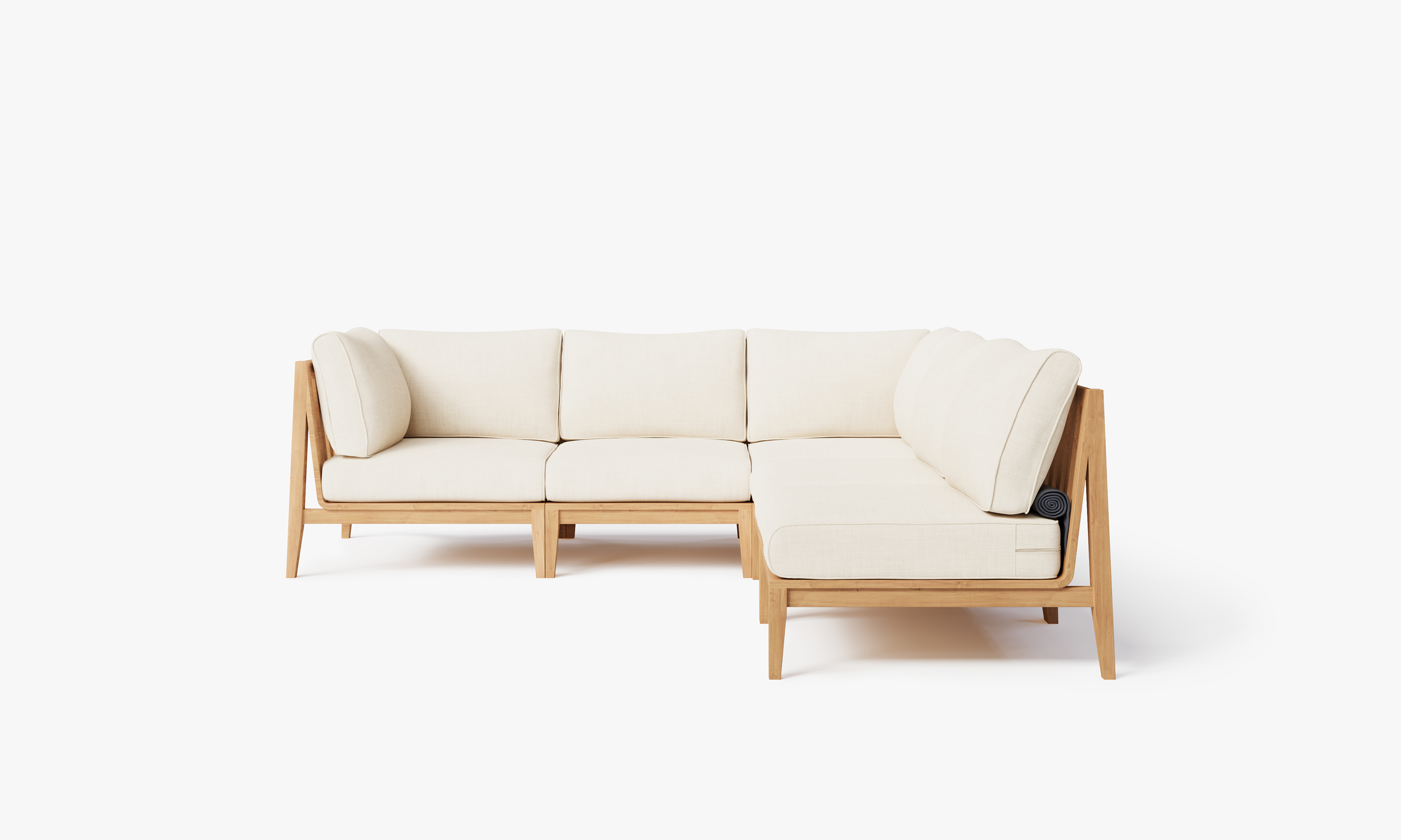 Teak outdoor corner sectional sofa with 5 cream cushions arranged in an L-shape.-teak outdoor sofa-outer #color_palisades cream
