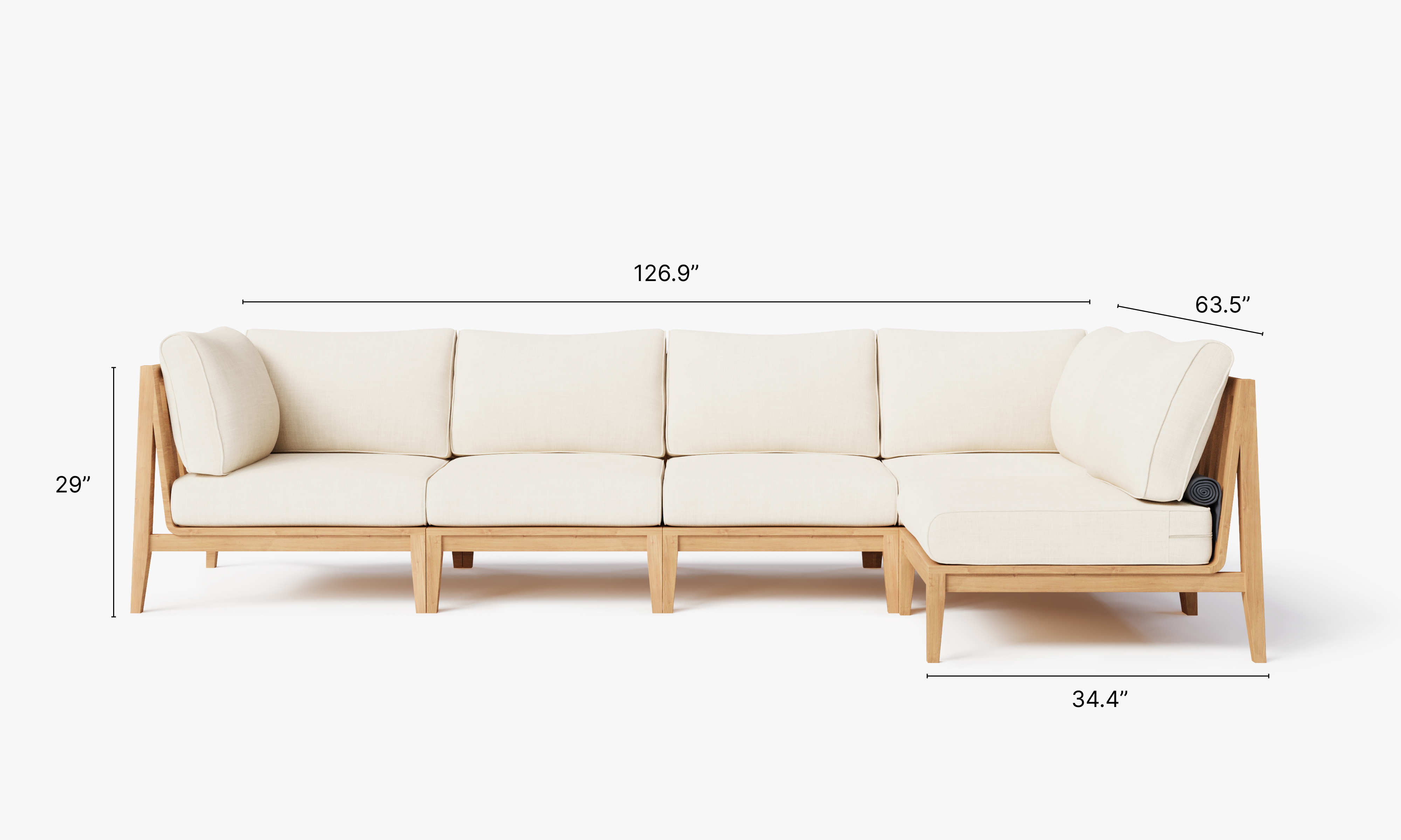 Teak outdoor L sectional sofa with 5 seats, featuring cream cushions and a modern design.-teak outdoor sofa-outer #color_palisades cream