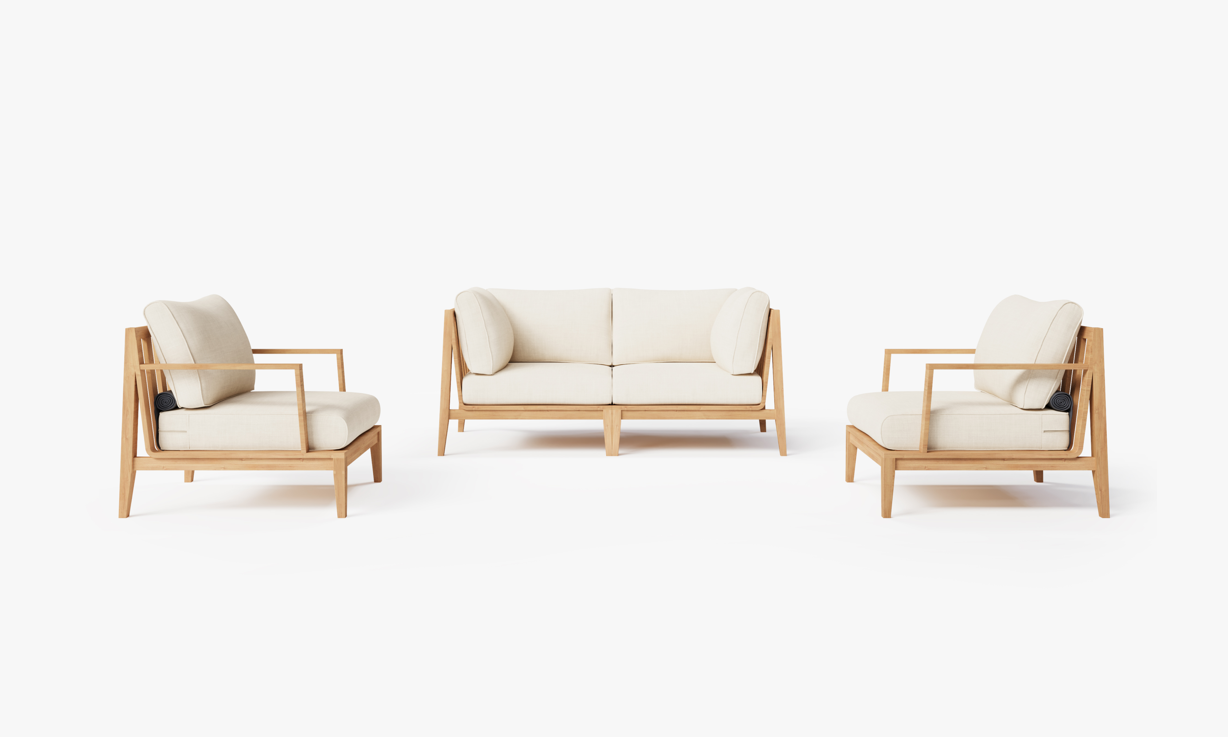 Teak outdoor sofa with two matching armchairs, featuring cream cushions and a sturdy wooden frame, arranged on a patio.-teak outdoor sofa-outer #color_palisades cream