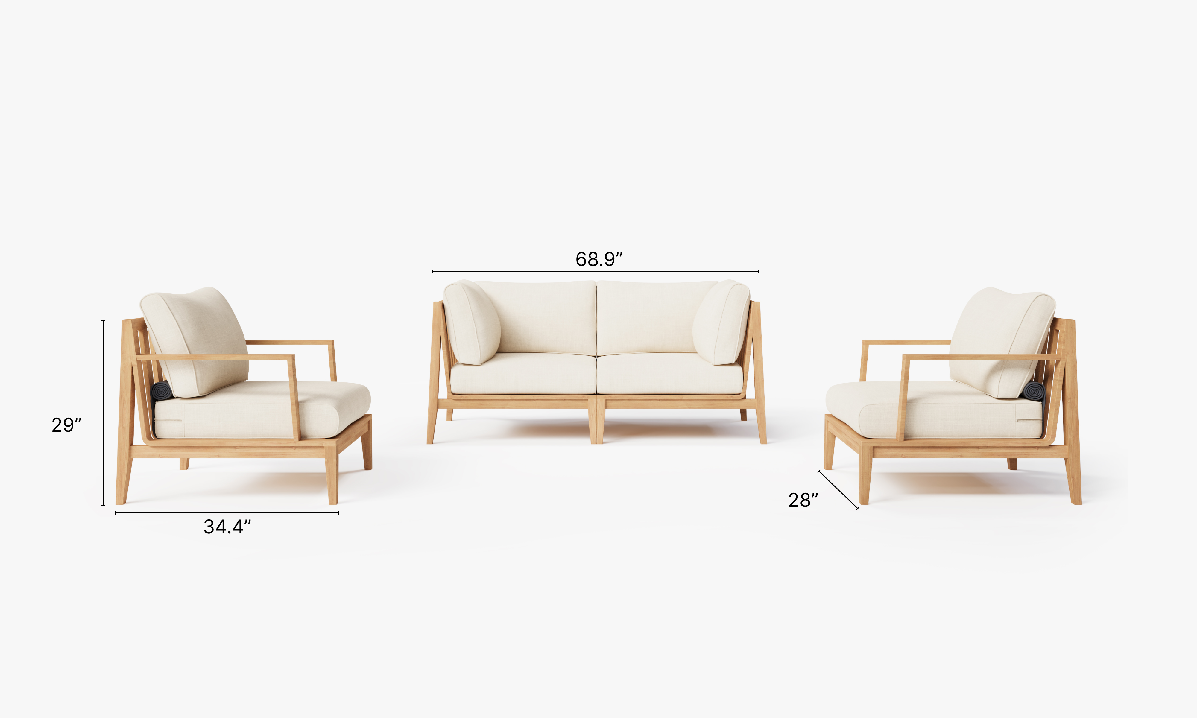 Teak outdoor sofa with matching armchairs arranged on a wooden deck, featuring white cushions and surrounded by greenery.-teak outdoor sofa-outer #color_palisades cream