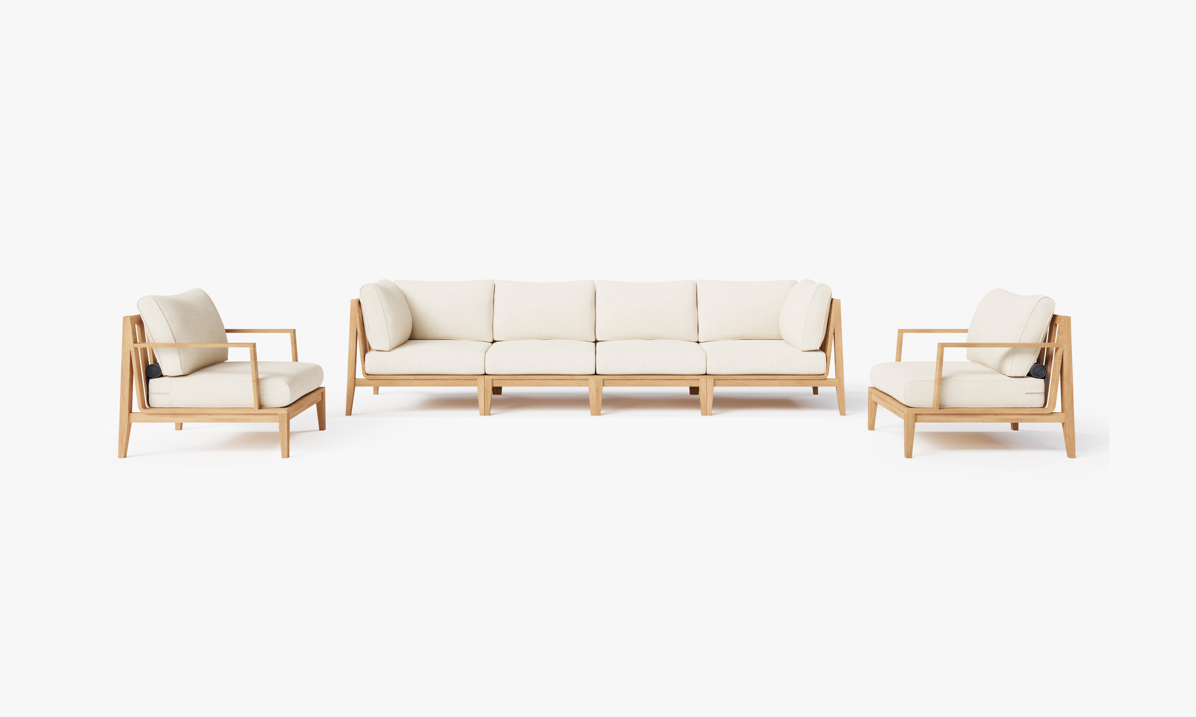 Teak outdoor sofa with matching armchairs, featuring cream cushions arranged in a six-seat configuration on a patio.-teak outdoor sofa-outer #color_palisades cream