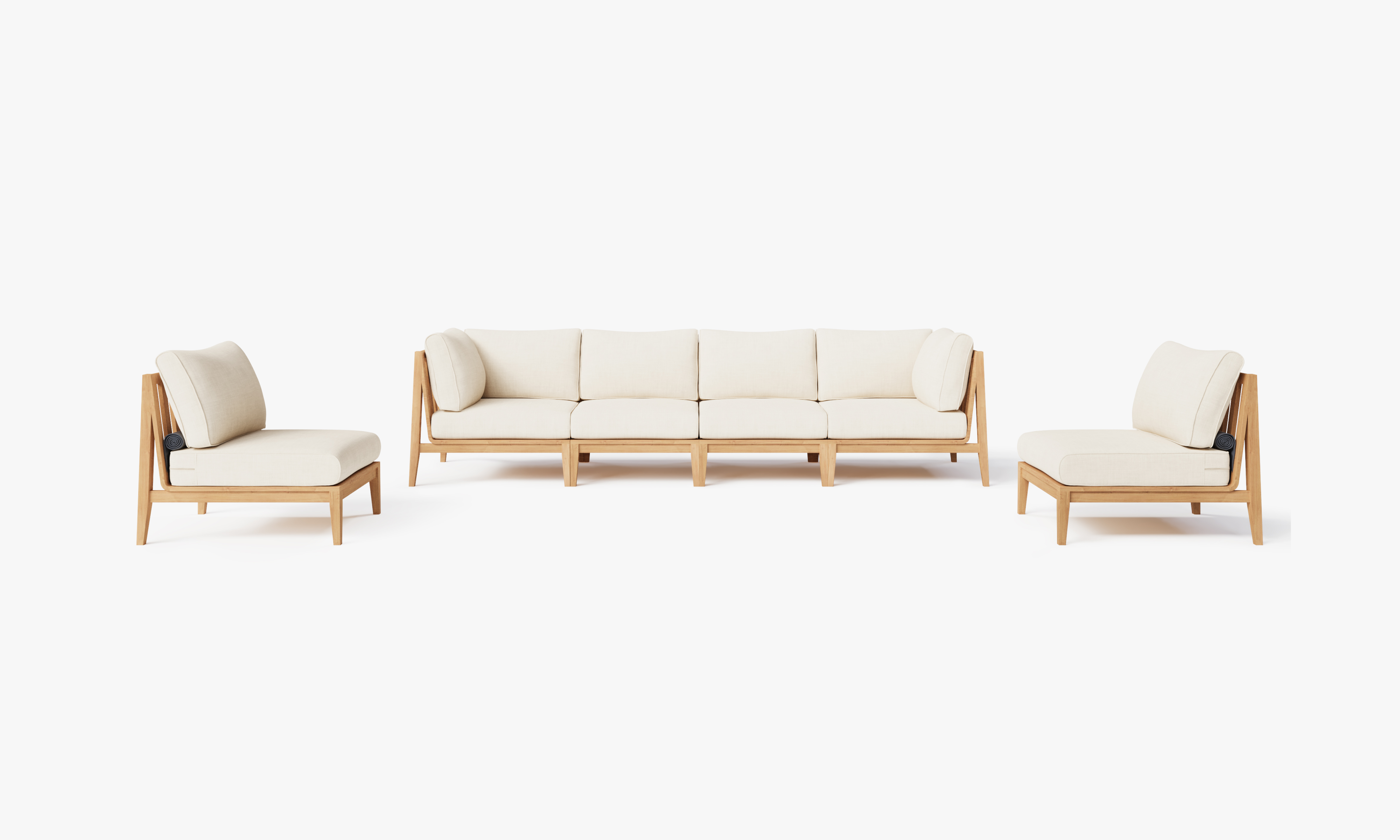 Teak outdoor sofa with cream cushions, featuring an armless design and paired with matching armless chairs on a wooden deck.-teak outdoor sofa-outer #color_palisades cream