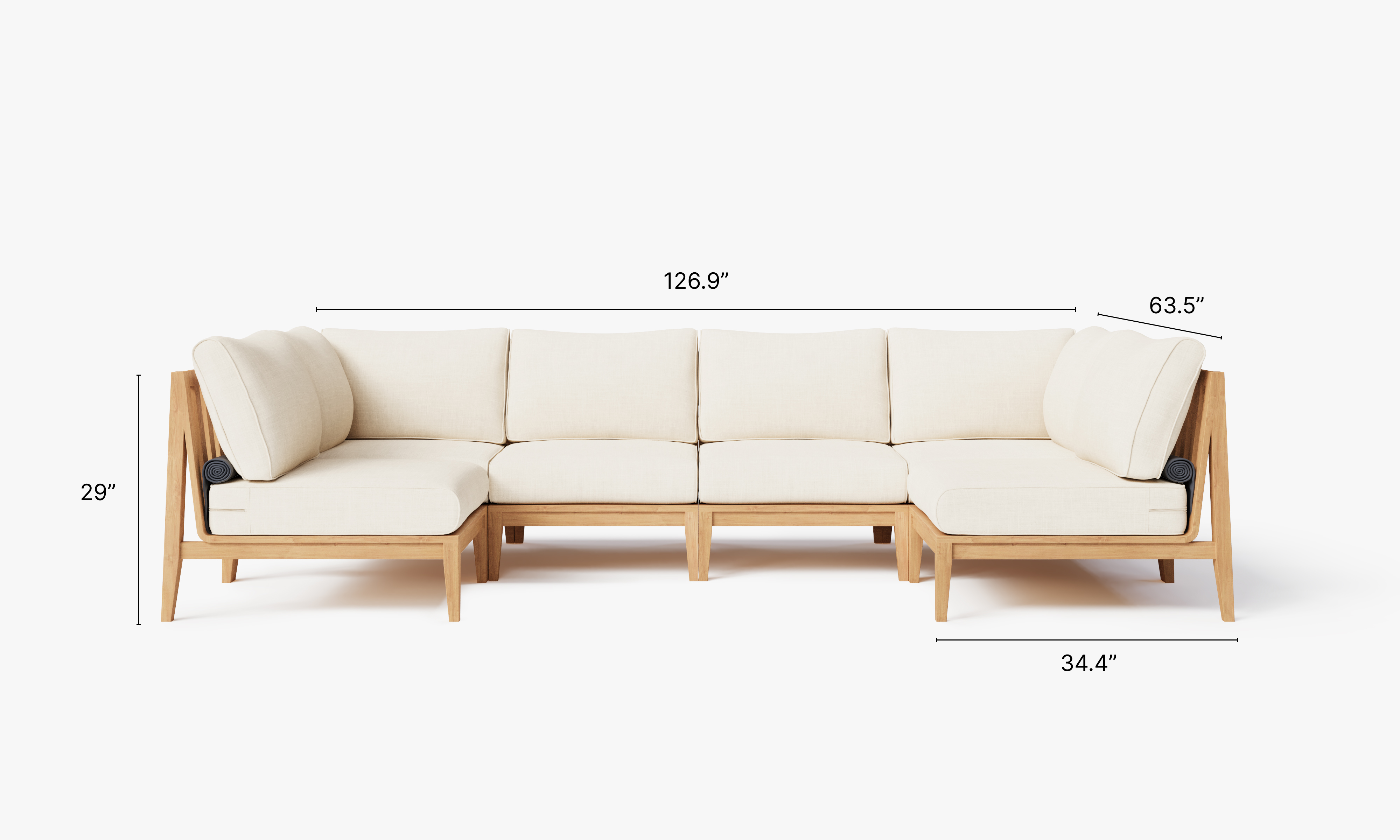 Teak outdoor U sectional sofa with 6 seats, featuring cream cushions and a modern design.-teak outdoor sofa-outer #color_palisades cream