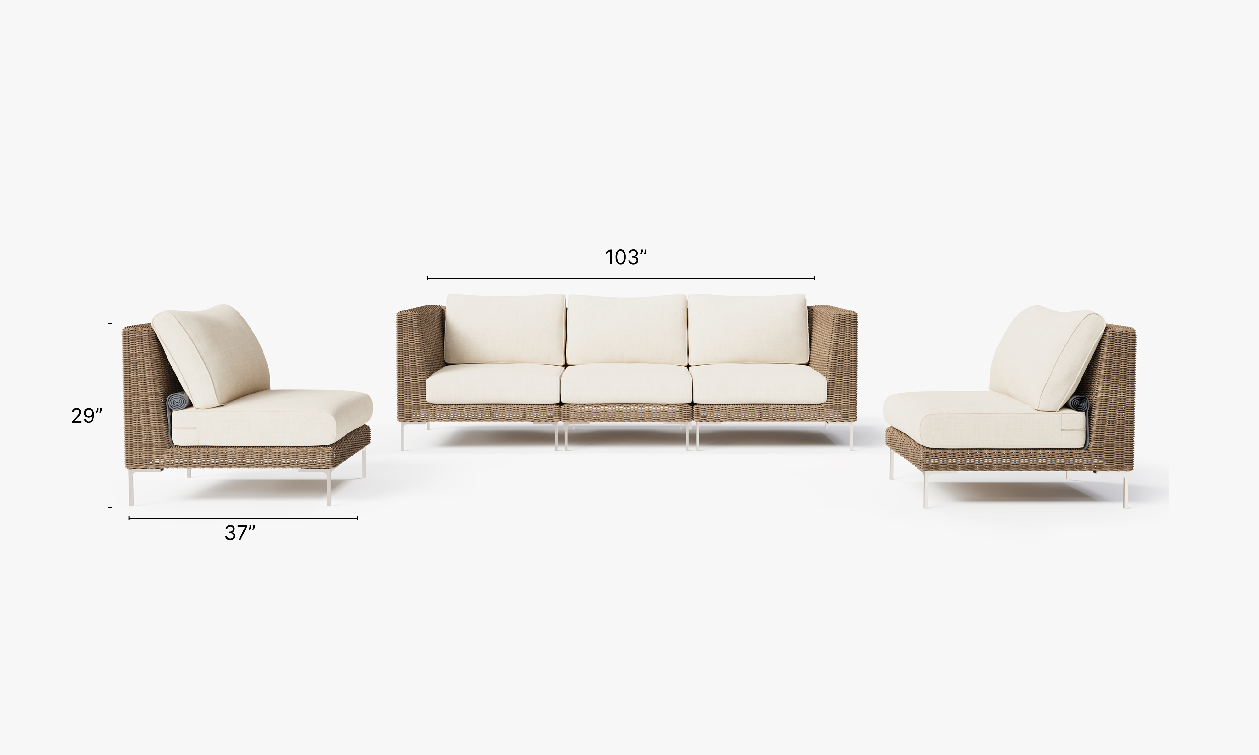 Brown Wicker Outdoor Sofa with Armless Chairs - 5 Seat dimensions in inches, also listed under Dimensions and Weights. #color_palisades cream