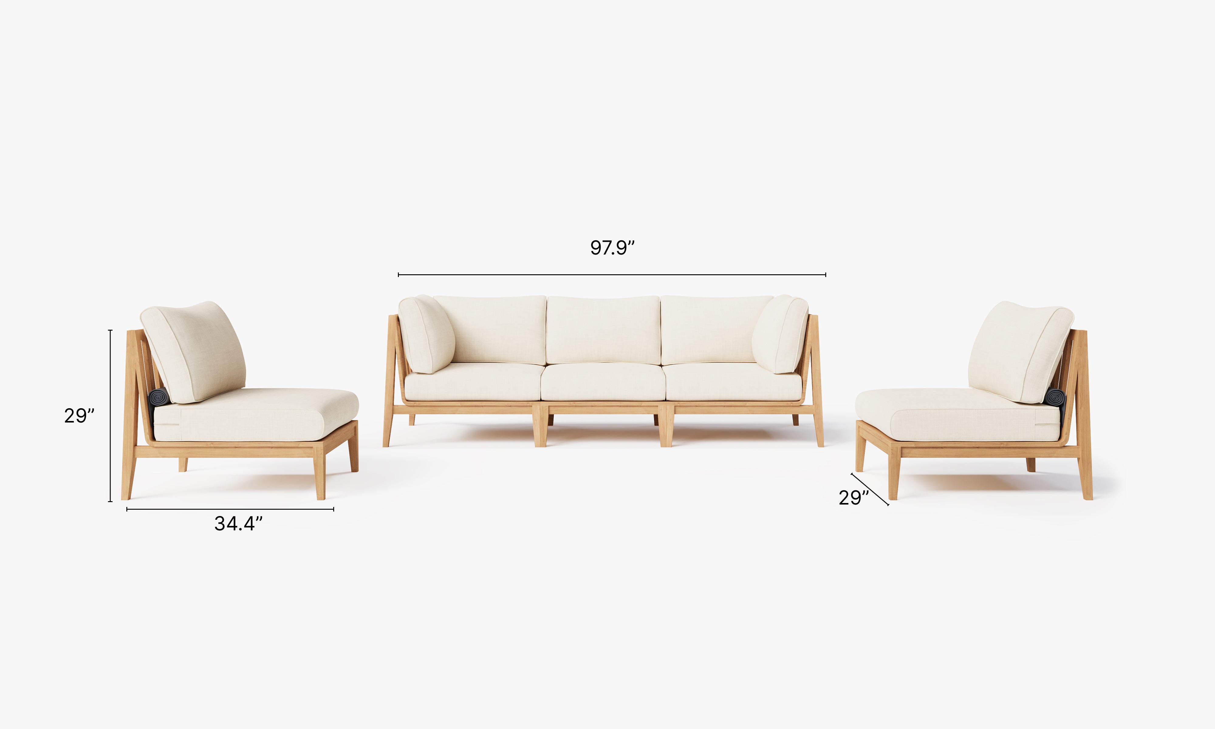 A teak outdoor sofa with armless design, featuring white cushions and a slatted wooden frame, set against a minimalistic white background.-teak outdoor sofa-outer #color_palisades cream