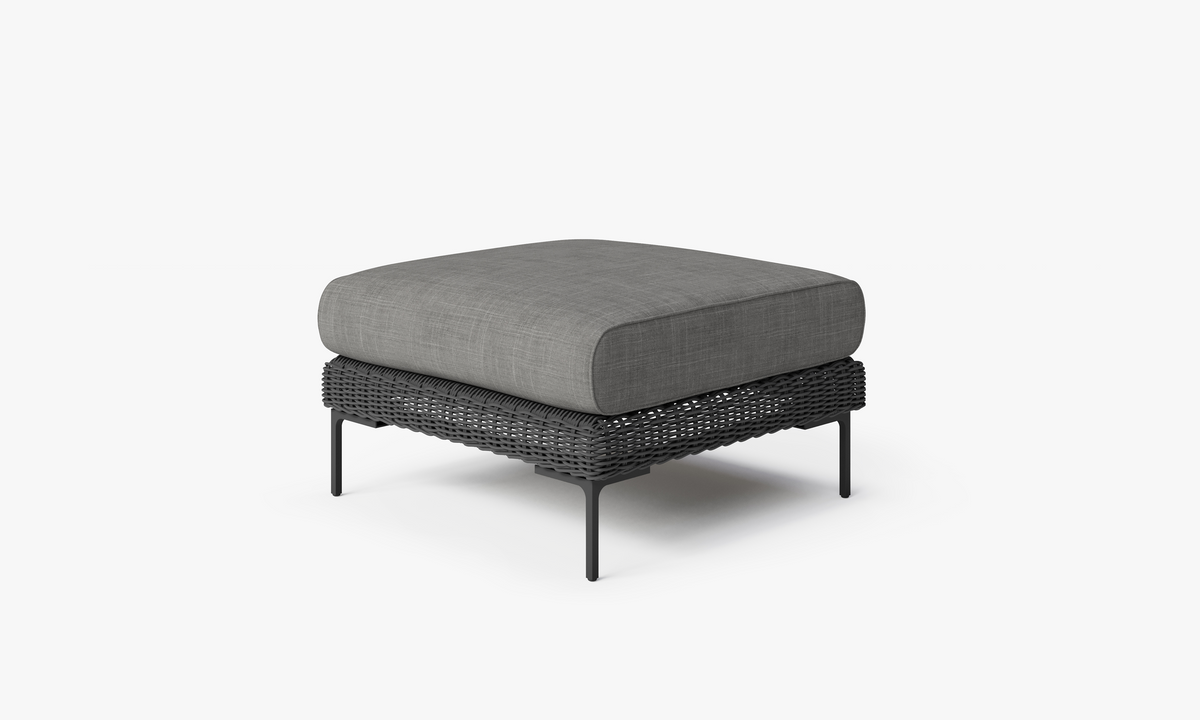 Black Wicker Outdoor Ottoman, front. Comfortable, durable, and weather resistant outdoor seating with memory foam. #color_dark pebble gray