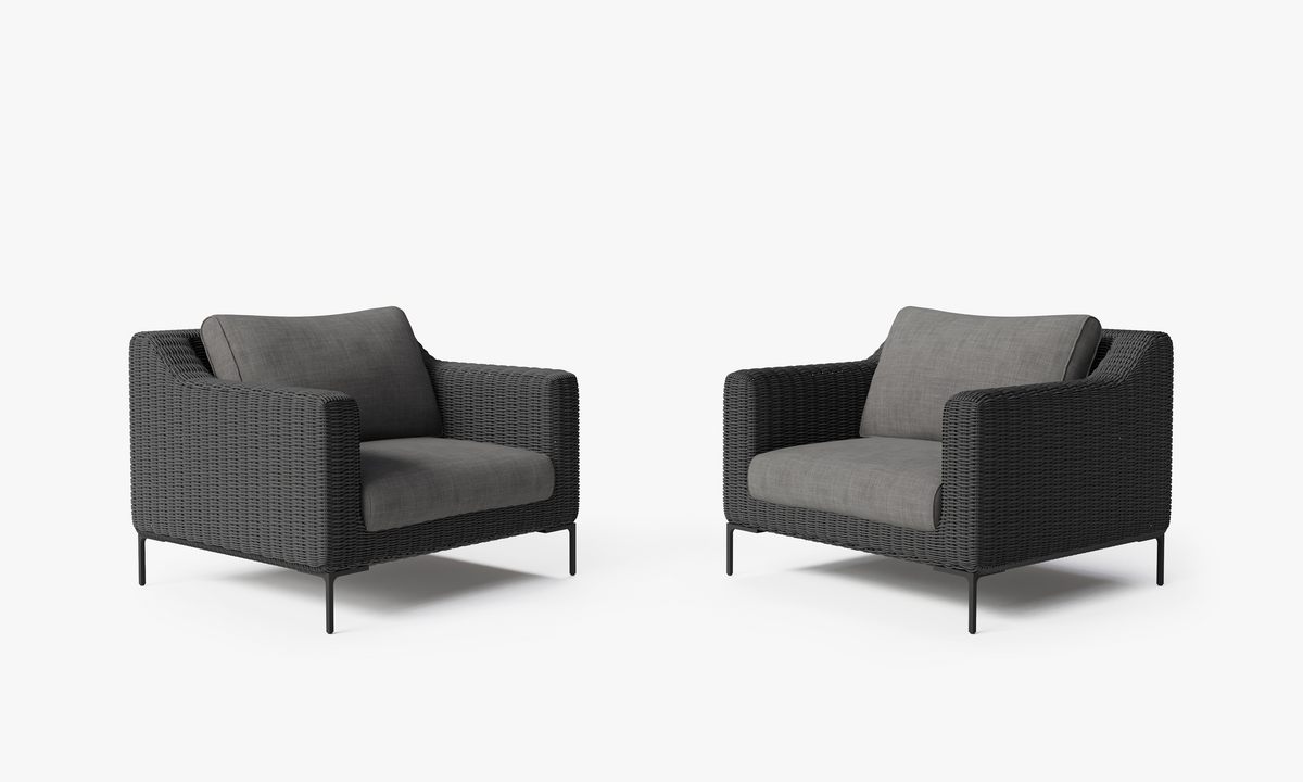Black Wicker Outdoor Armchair Conversation Set, front. Comfortable, durable, and weather resistant outdoor seating with memory foam. #color_dark pebble gray