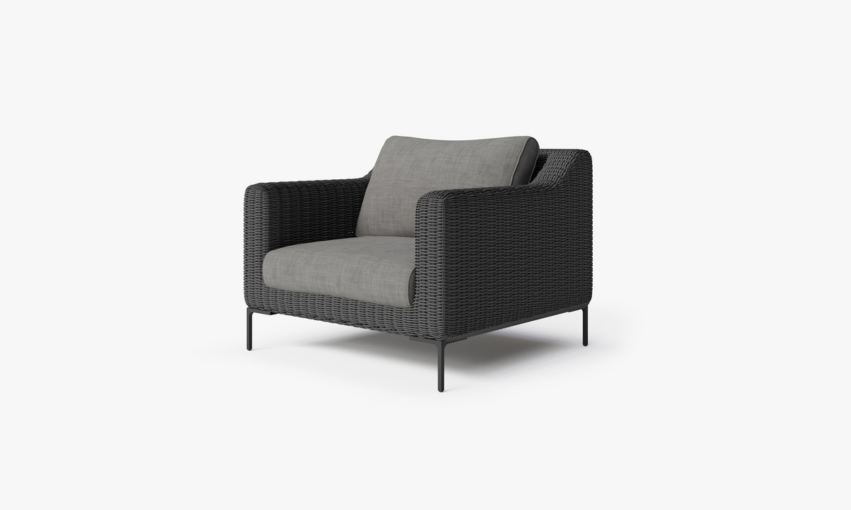 Black Wicker Outdoor Armchair, front. Comfortable, durable, and weather resistant outdoor seating with memory foam. #color_dark pebble gray