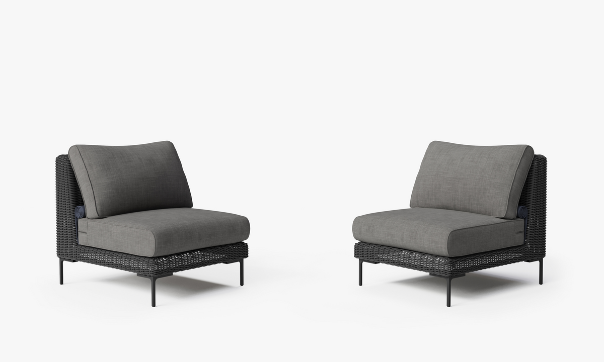 Black Wicker Outdoor Armless Chair Conversation Set, front. Comfortable, durable, and weather resistant outdoor seating with memory foam. #color_dark pebble gray