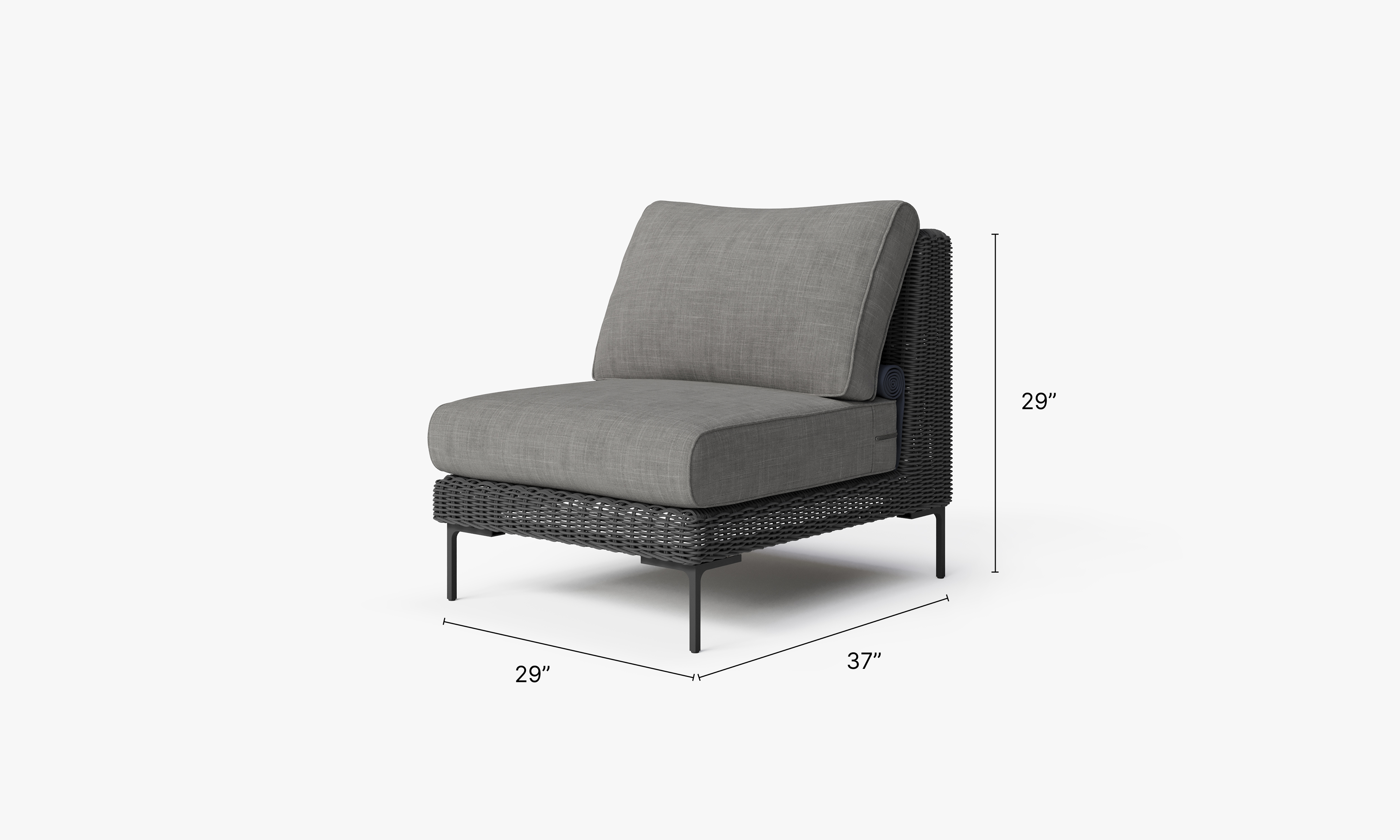 Black Wicker Outdoor Armless Chair dimensions in inches, also listed under Dimensions and Weights. #color_dark pebble gray