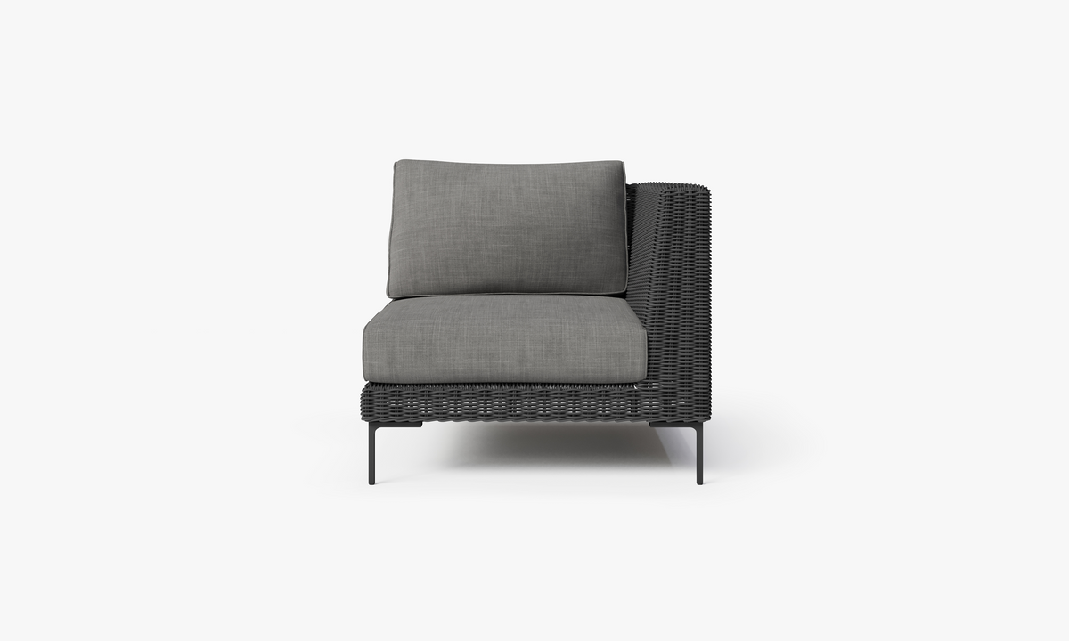 Black Wicker Outdoor Corner Chair - Left/Right, front. Comfortable, durable, and weather resistant outdoor seating with memory foam. #color_dark pebble gray