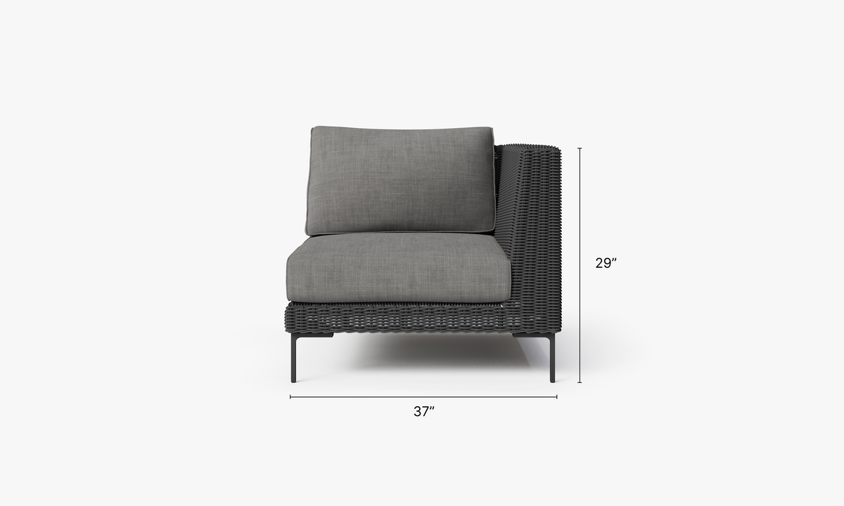 Black Wicker Outdoor Corner Chair - Left/Right dimensions in inches, also listed under Dimensions and Weights. #color_dark pebble gray
