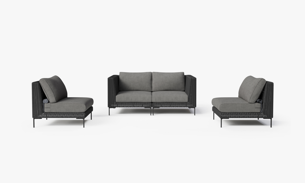 Black Wicker Outdoor Loveseat with Armless Chairs - 4 Seat, front. Comfortable, durable, and weather resistant outdoor seating with memory foam. #color_dark pebble gray