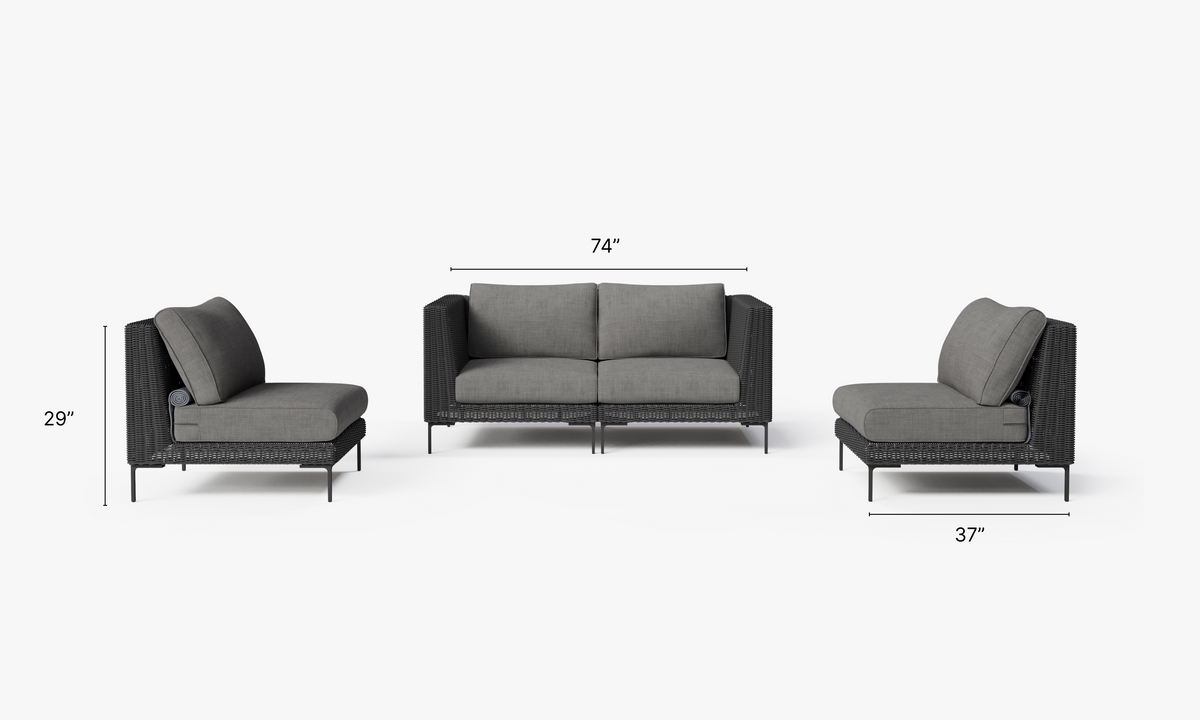 Black Wicker Outdoor Loveseat with Armless Chairs - 4 Seat dimensions in inches, also listed under Dimensions and Weights. #color_dark pebble gray
