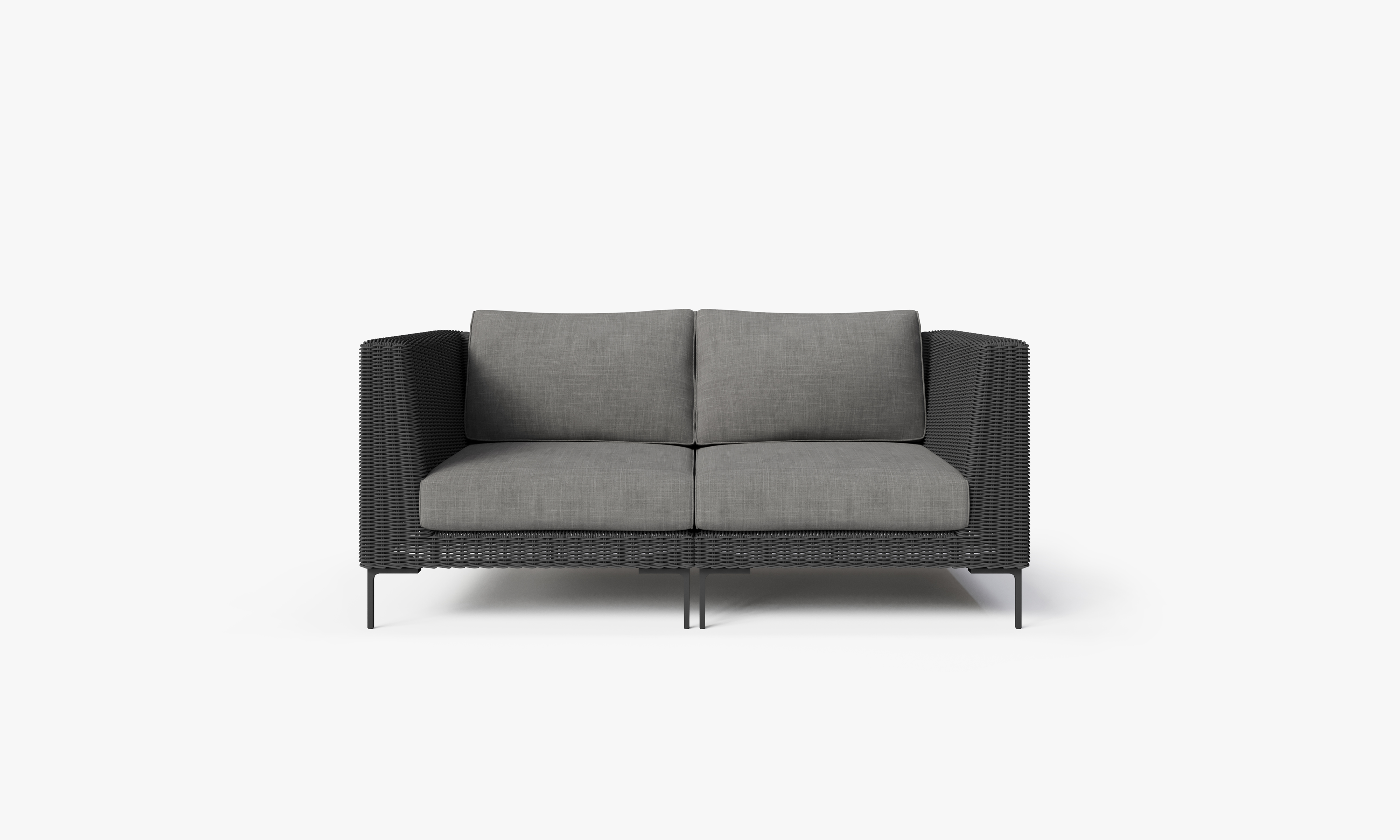 Black Wicker Outdoor Loveseat, front. Comfortable, durable, and weather resistant outdoor seating with memory foam. #color_dark pebble gray