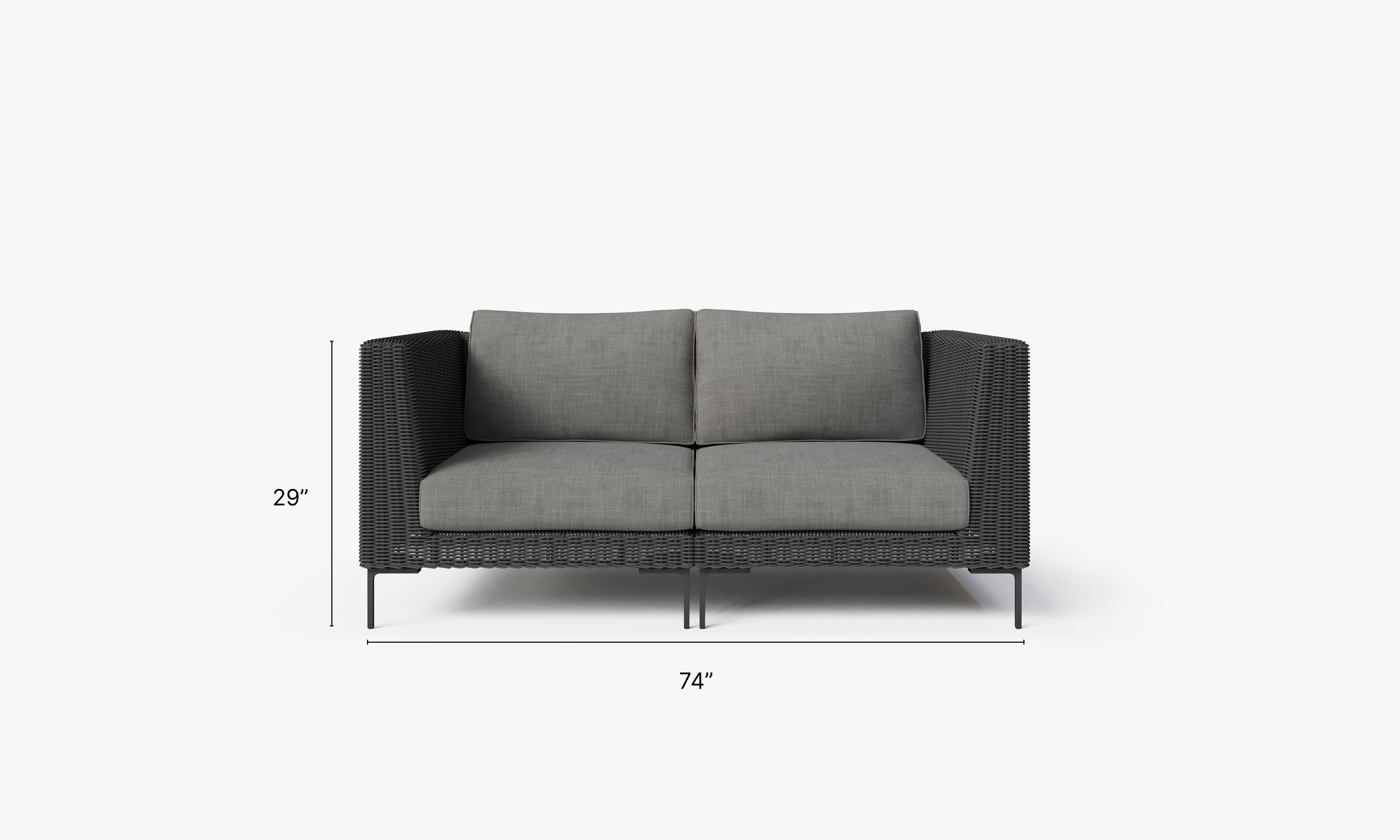 Black Wicker Outdoor Loveseat dimensions in inches, also listed under Dimensions and Weights. #color_dark pebble gray