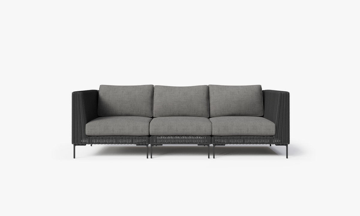 Black Wicker Outdoor Sofa - 3 Seat, front. Comfortable, durable, and weather resistant outdoor seating with memory foam. #color_dark pebble gray