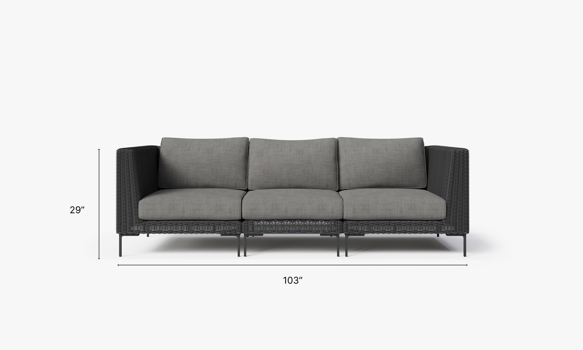 Black Wicker Outdoor Sofa - 3 Seat dimensions in inches, also listed under Dimensions and Weights. #color_dark pebble gray
