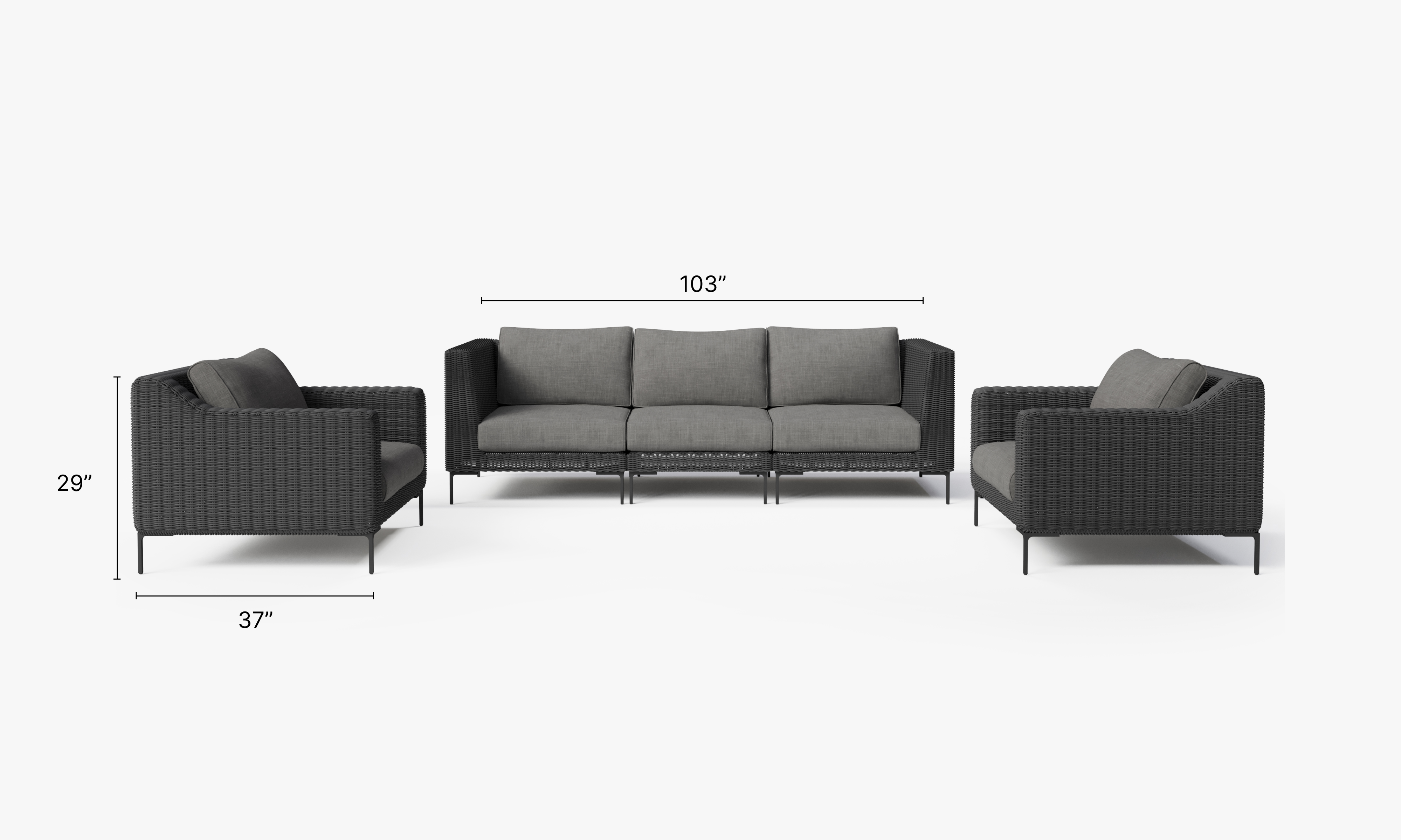 Black Wicker Outdoor Sofa with Armchairs - 5 Seat dimensions in inches, also listed under Dimensions and Weights. #color_dark pebble gray