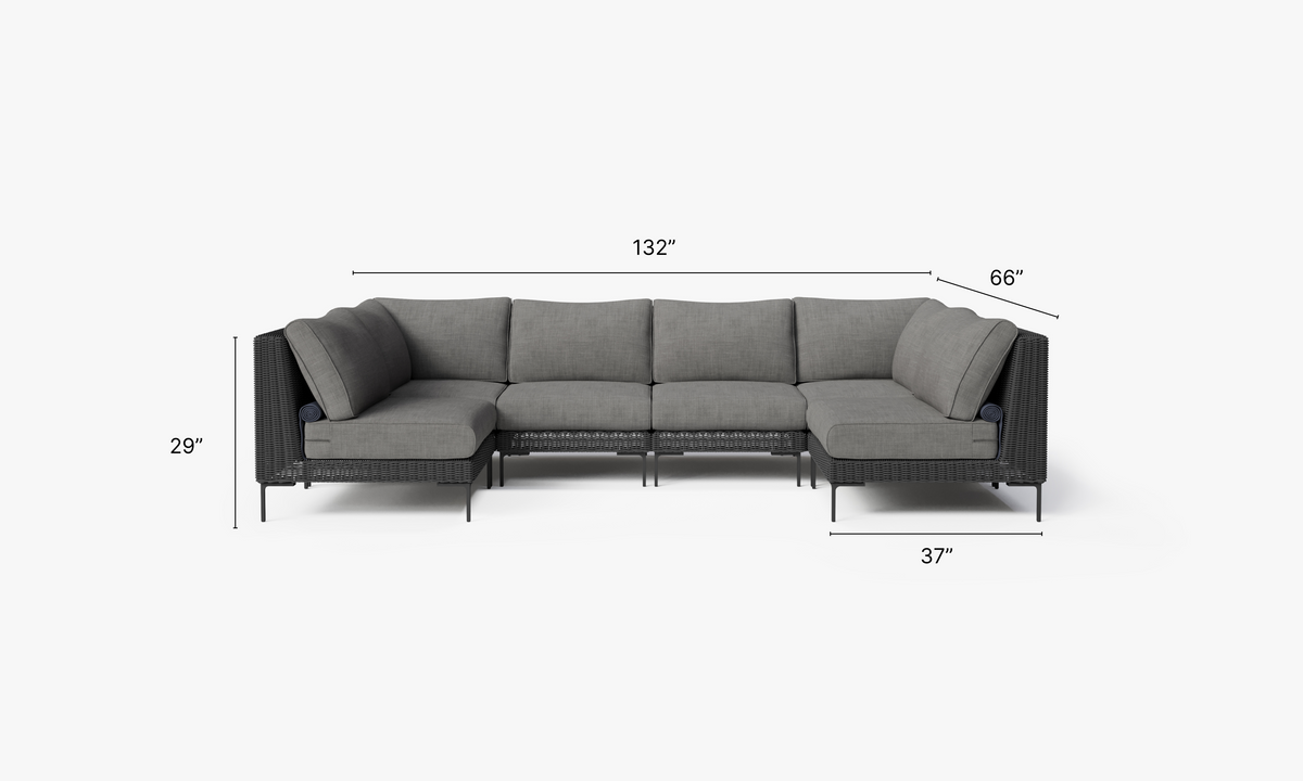 Black Wicker Outdoor U Sectional - 6 Seat dimensions in inches, also listed under Dimensions and Weights. #color_dark pebble gray