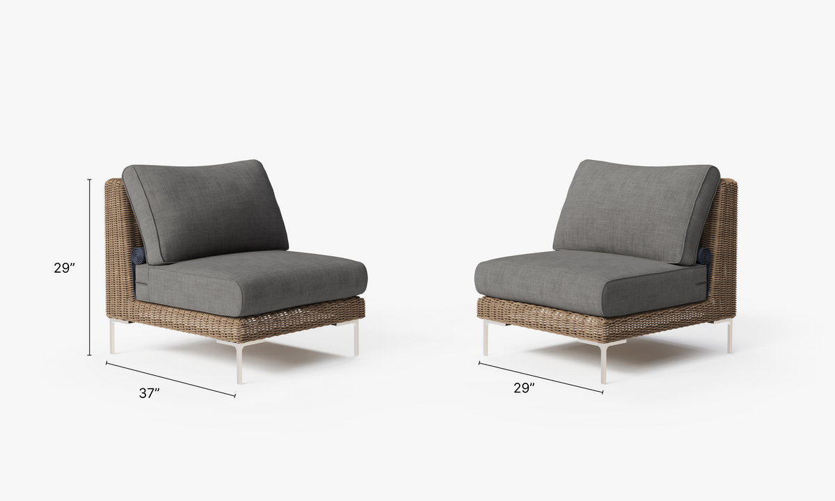 Brown Wicker Outdoor Armless Chair Conversation Set dimensions in inches, also listed under Dimensions and Weights. #color_dark pebble gray