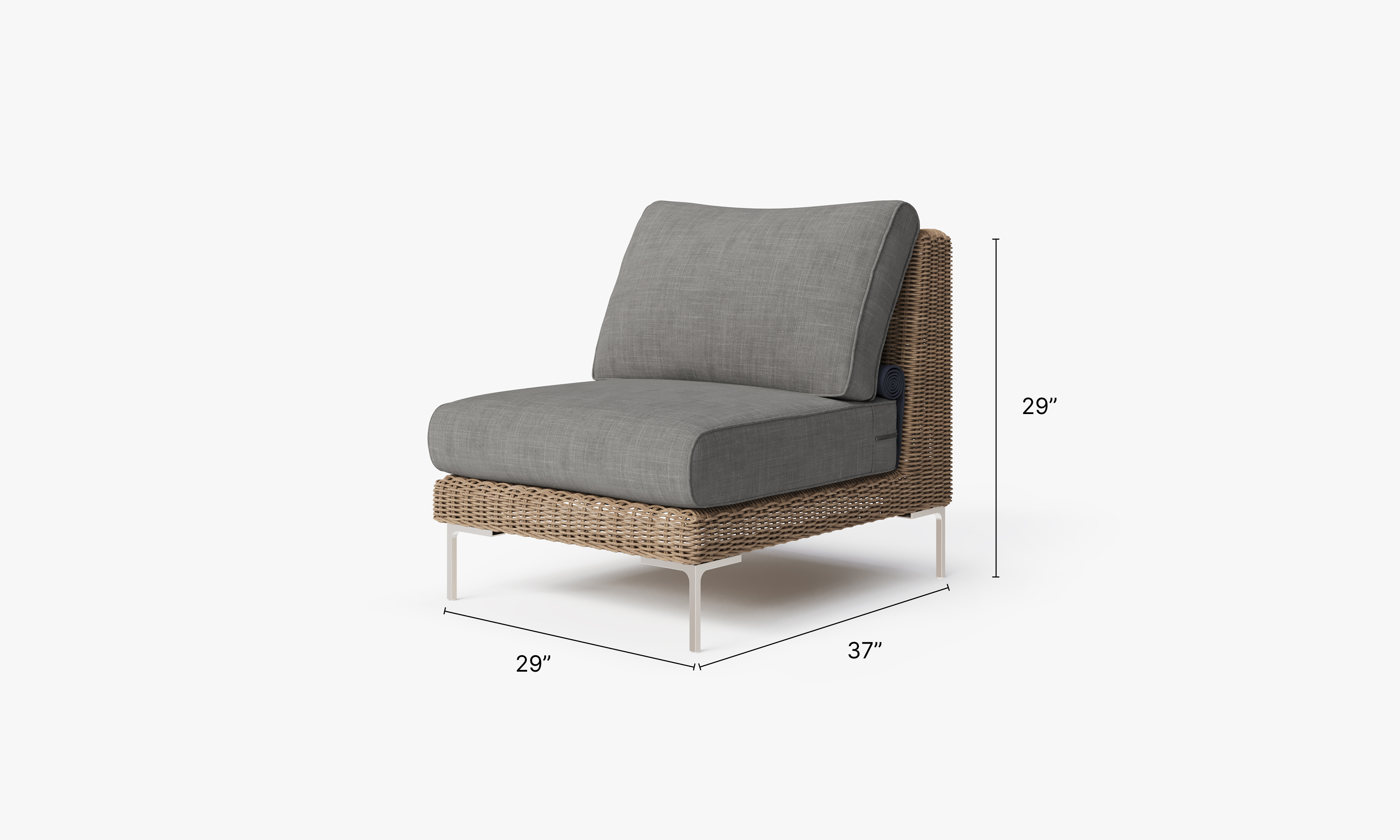 Brown Wicker Outdoor Armless Chair dimensions in inches, also listed under Dimensions and Weights. #color_dark pebble gray
