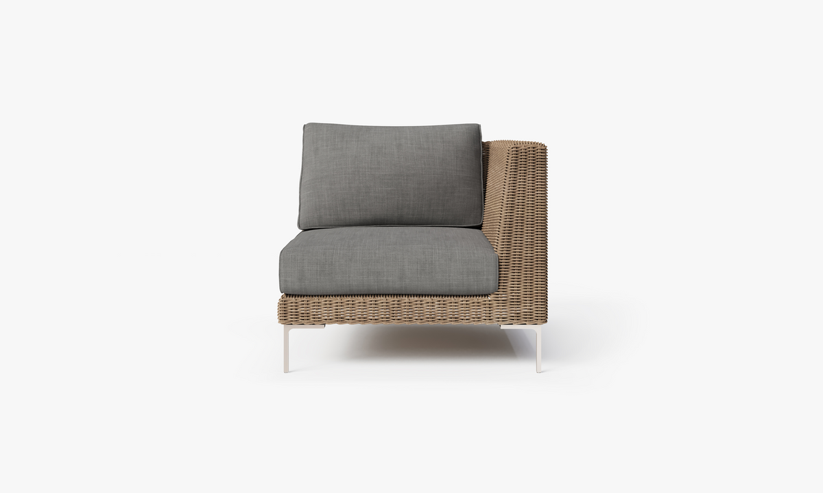 Brown Wicker Outdoor Corner Chair - Left/Right, front. Comfortable, durable, and weather resistant outdoor seating with memory foam. #color_dark pebble gray