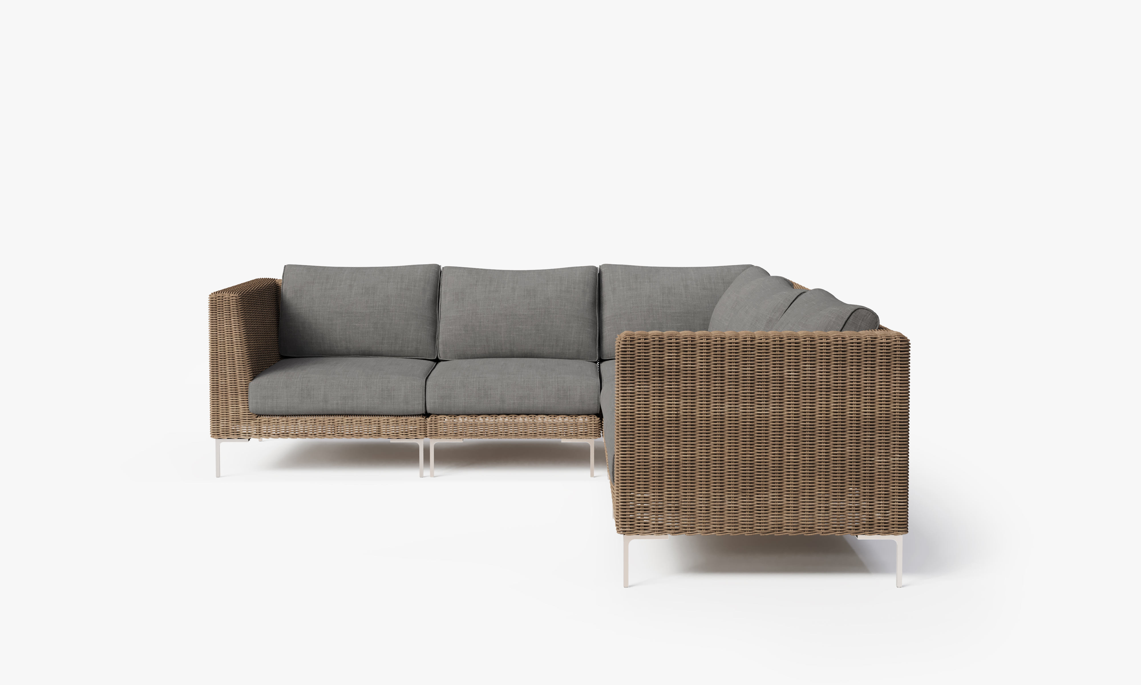 Brown Wicker Outdoor Corner Sectional - 5 Seat, front. Comfortable, durable, and weather resistant outdoor seating with memory foam. #color_dark pebble gray