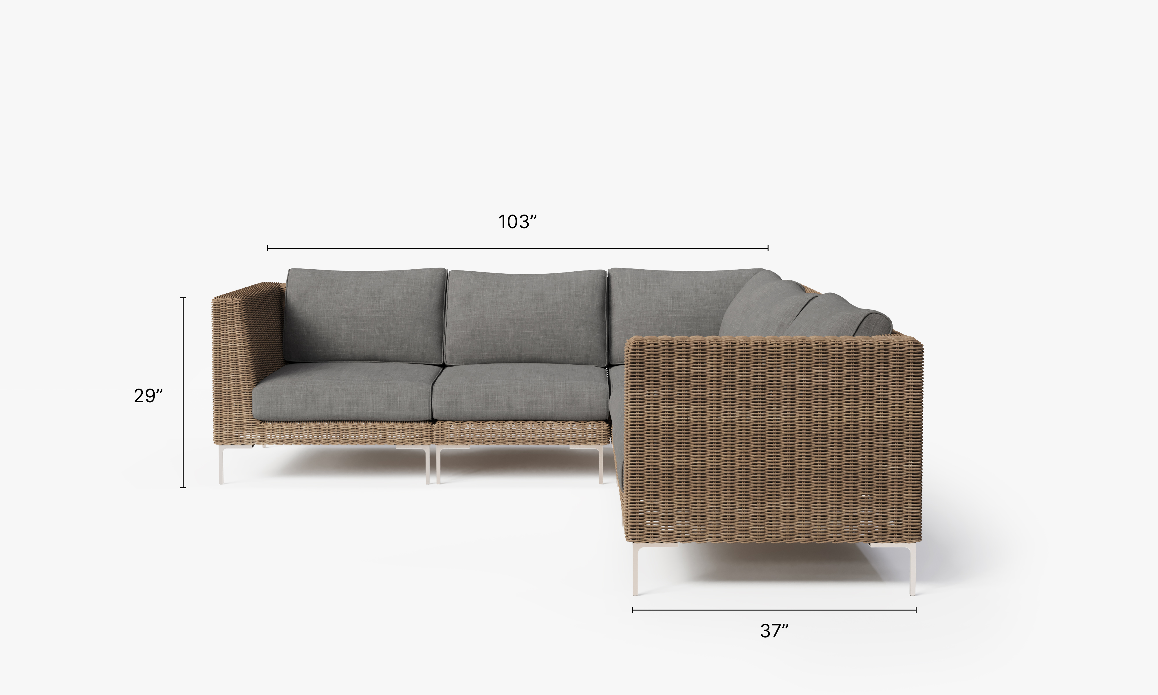 Brown Wicker Outdoor Corner Sectional - 5 Seat dimensions in inches, also listed under Dimensions and Weights. #color_dark pebble gray