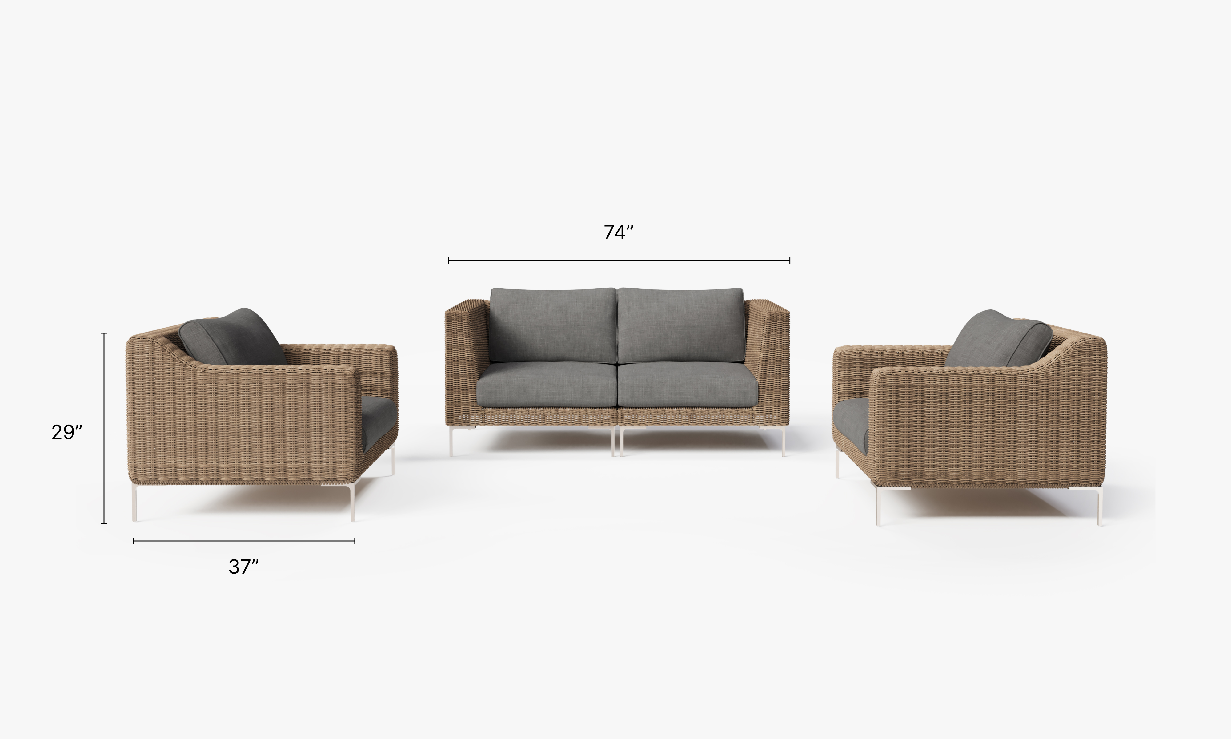 Brown Wicker Outdoor Loveseat with Armchairs - 4 Seat dimensions in inches, also listed under Dimensions and Weights. #color_dark pebble gray