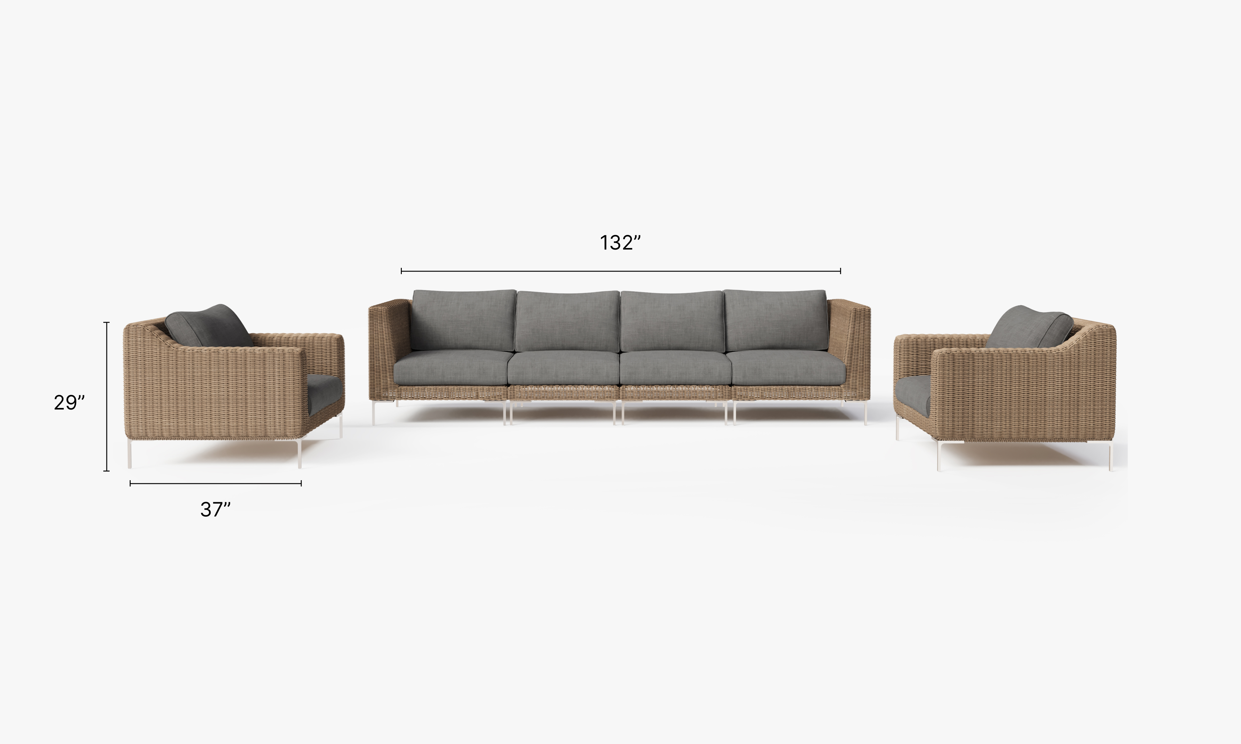 Brown Wicker Outdoor Sofa with Armchairs - 6 Seat dimensions in inches, also listed under Dimensions and Weights. #color_dark pebble gray