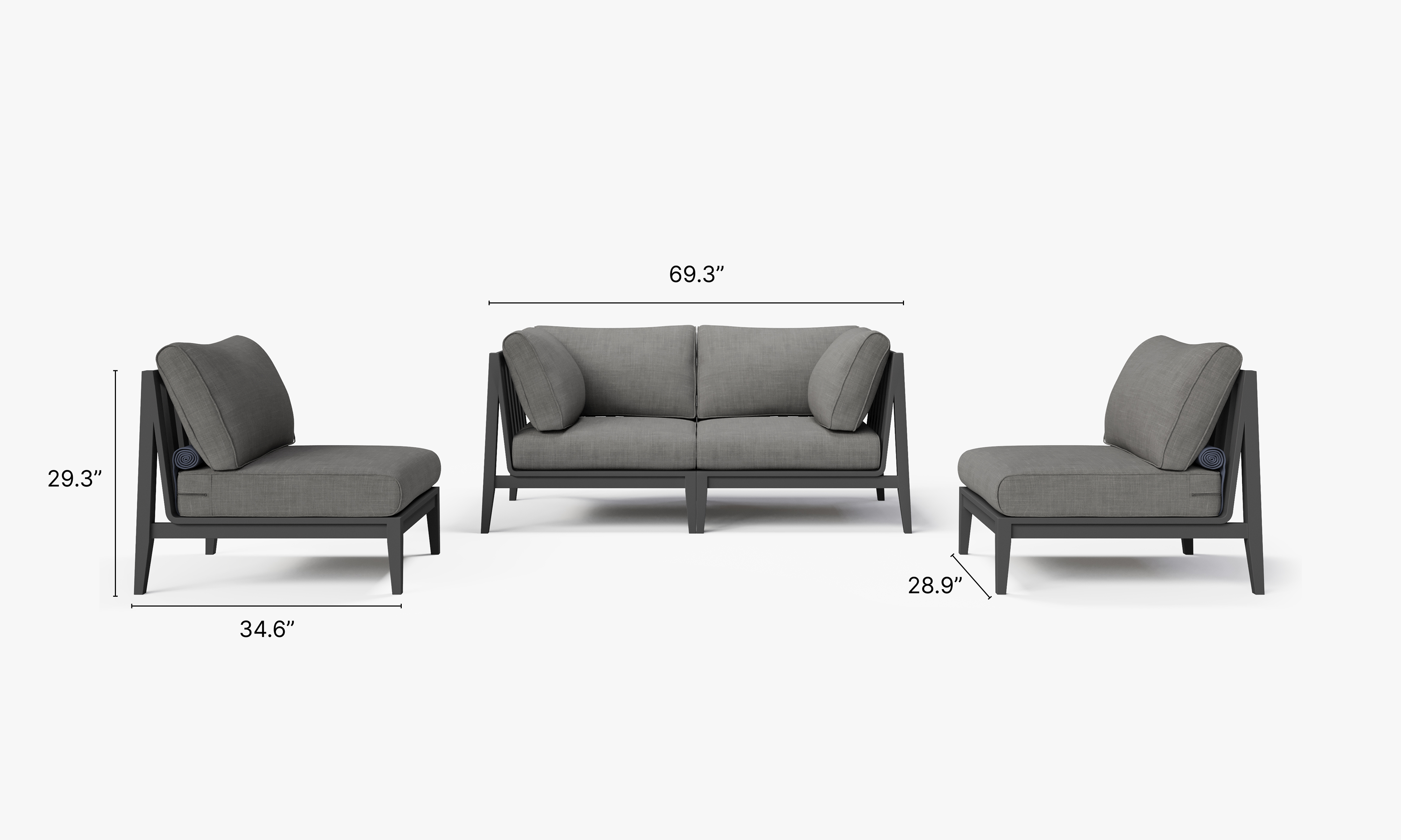Charcoal Aluminum Outdoor Loveseat with Armless Chairs - 4 Seat dimensions in inches, also listed under Dimensions and Weights. #color_dark pebble gray