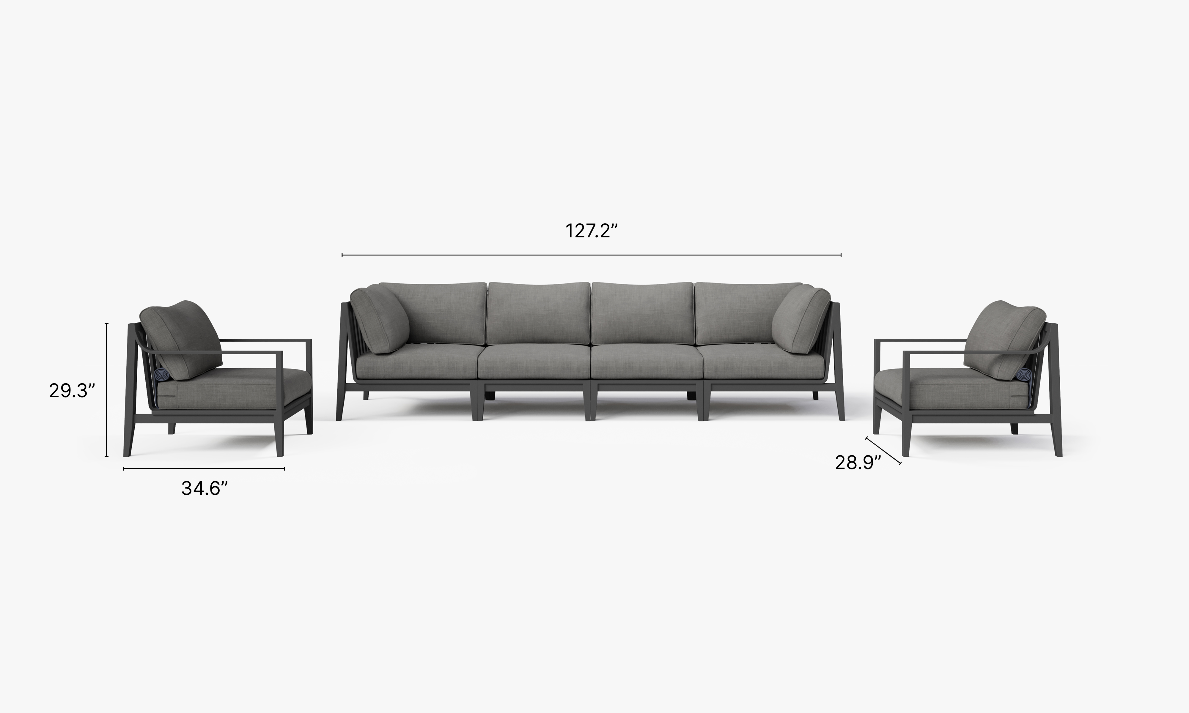 Charcoal Aluminum Outdoor Sofa with Armchairs - 6 Seat dimensions in inches, also listed under Dimensions and Weights. #color_dark pebble gray