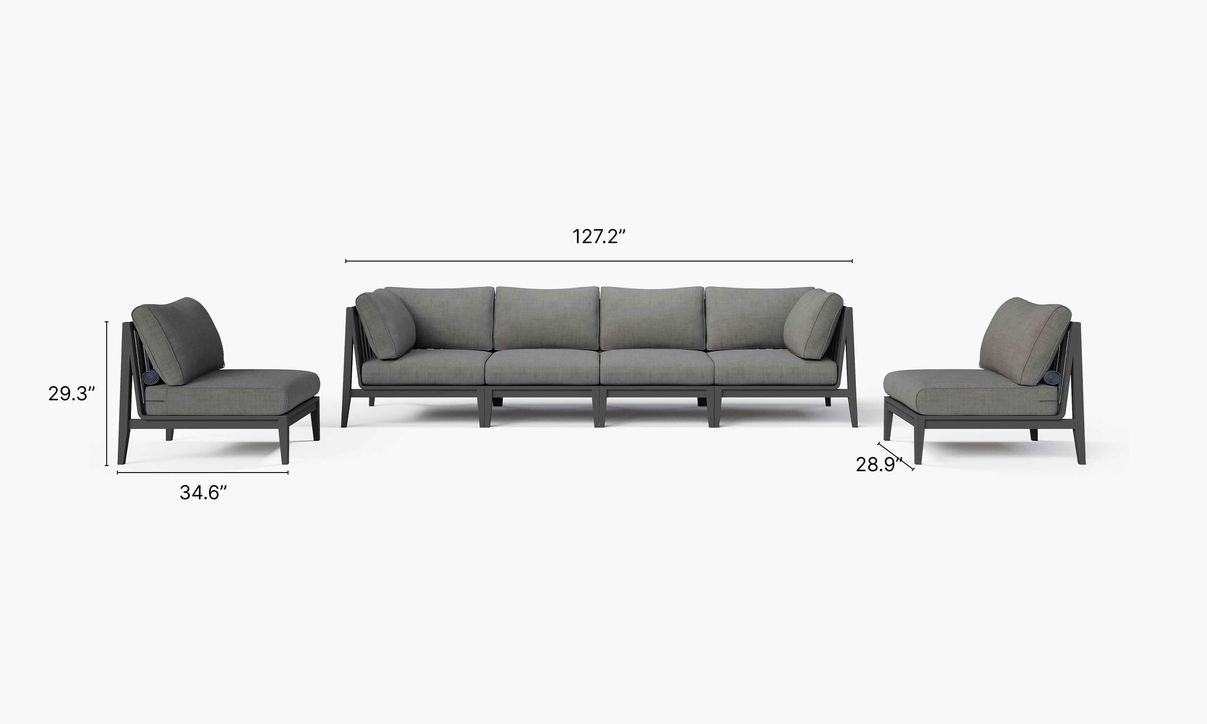 Charcoal Aluminum Outdoor Sofa with Armless Chairs - 6 Seat dimensions in inches, also listed under Dimensions and Weights. #color_dark pebble gray