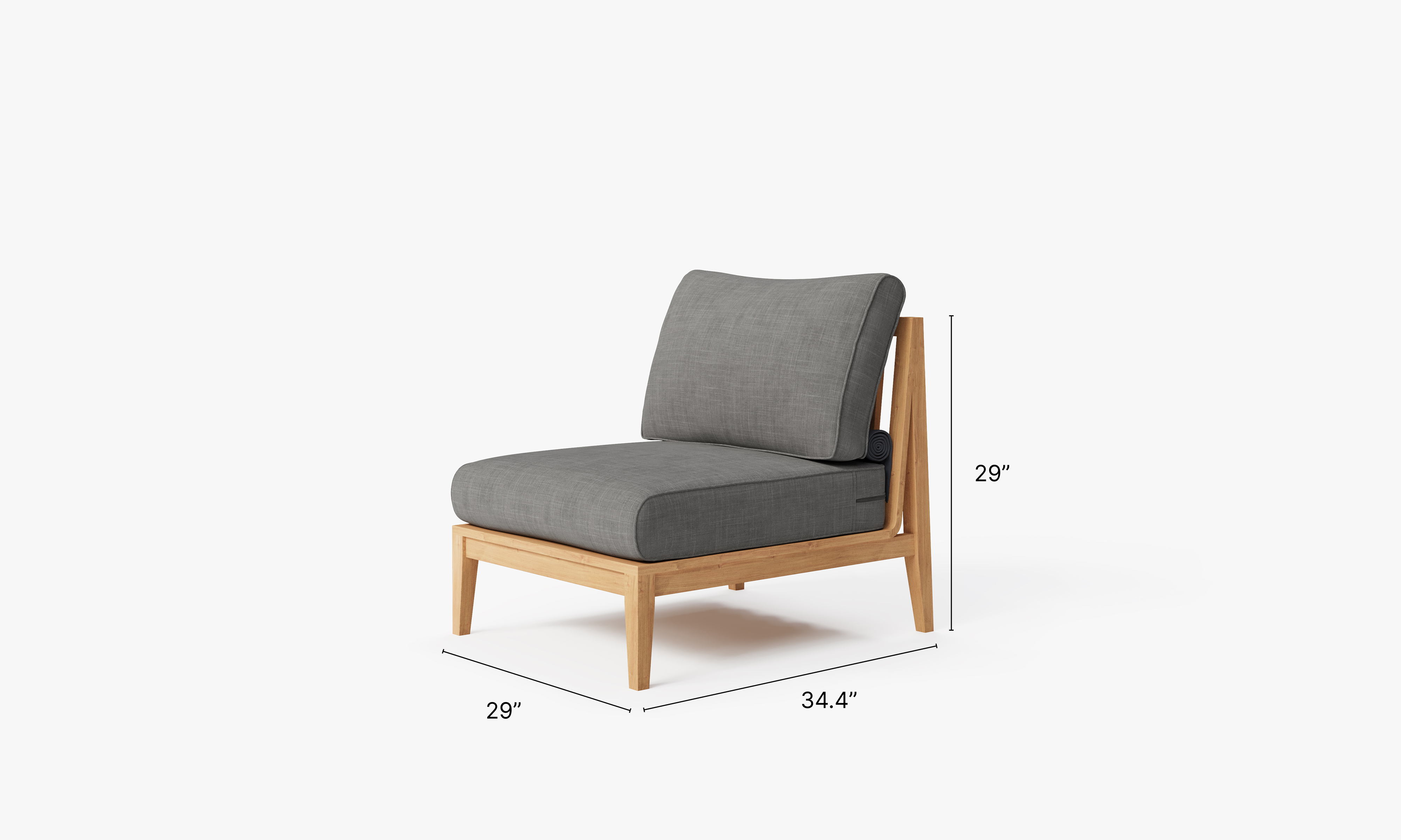 A teak outdoor sofa featuring an armless design with clean lines, accompanied by matching chairs. The furniture showcases natural teak wood with a sturdy frame, ideal for outdoor seating.-teak outdoor sofa-outer #color_dark pebble gray
