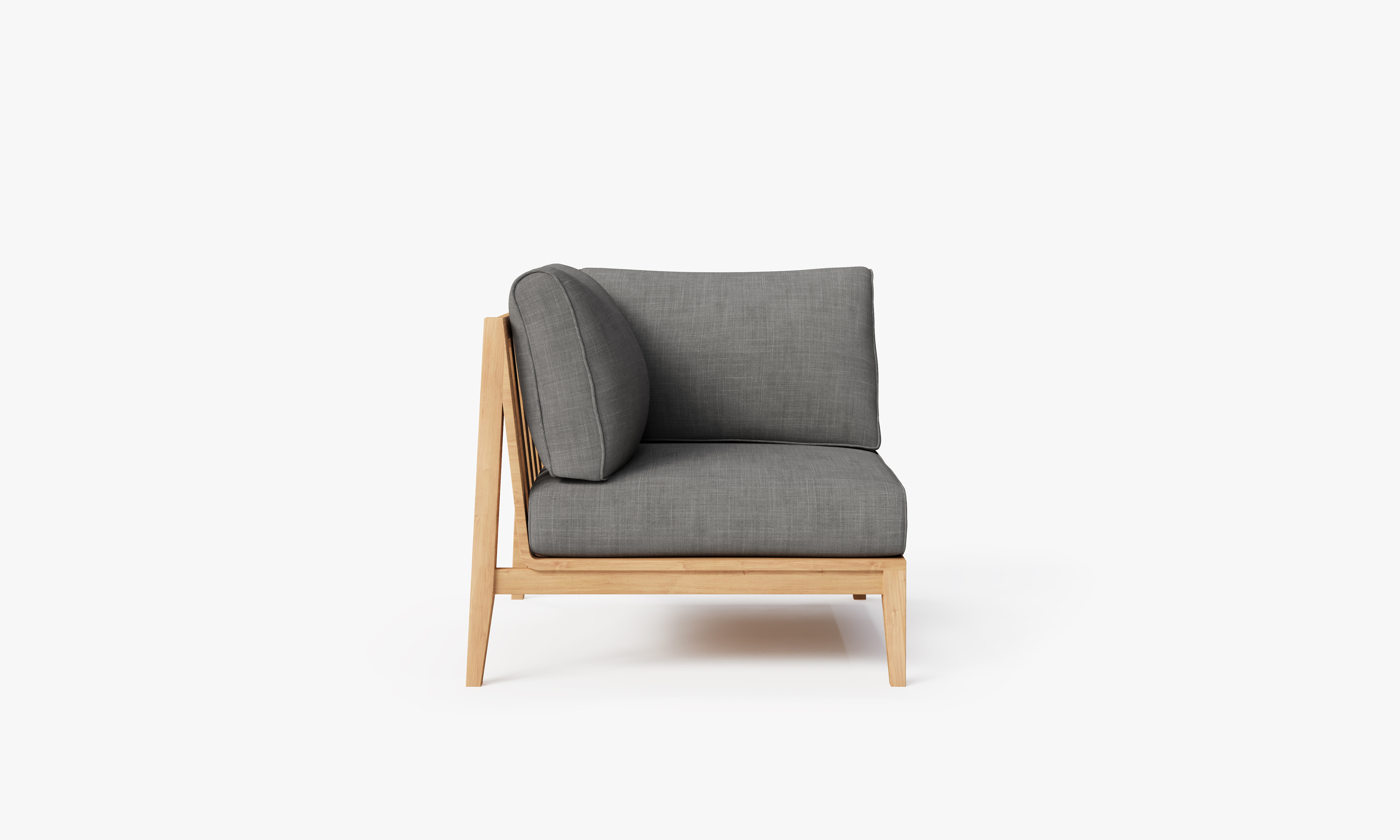 Teak outdoor corner chair with cushions, shown from the right front angle.-teak outdoor sofa-outer #color_dark pebble gray